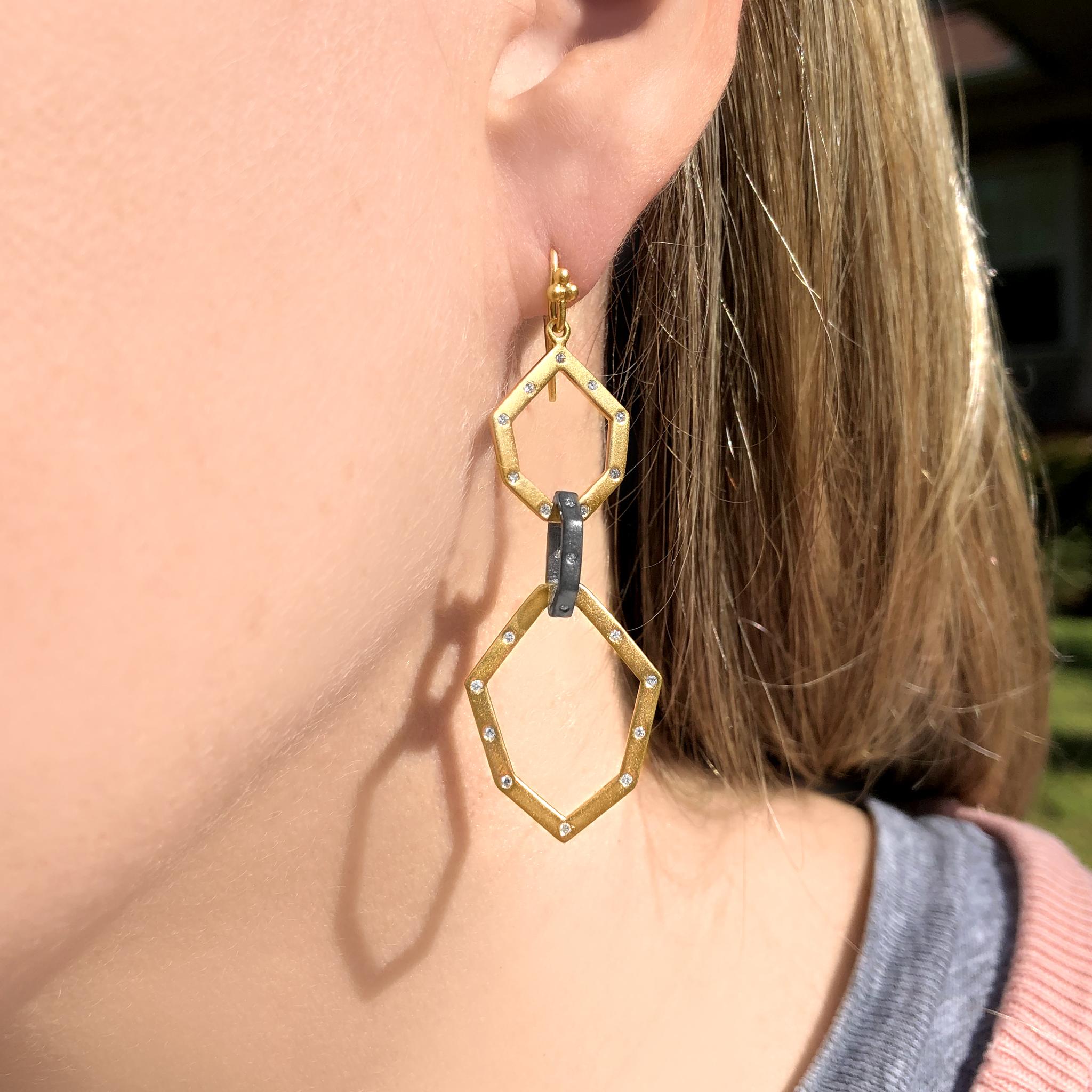 Geometric Link Drop Earrings by jewelry designer Lauren Harper, handfabricated in matte-finished 18k yellow gold and oxidized sterling silver featuring 48 flush-set round brilliant-cut white diamonds totaling 0.36 carats and finished on handmade 18k