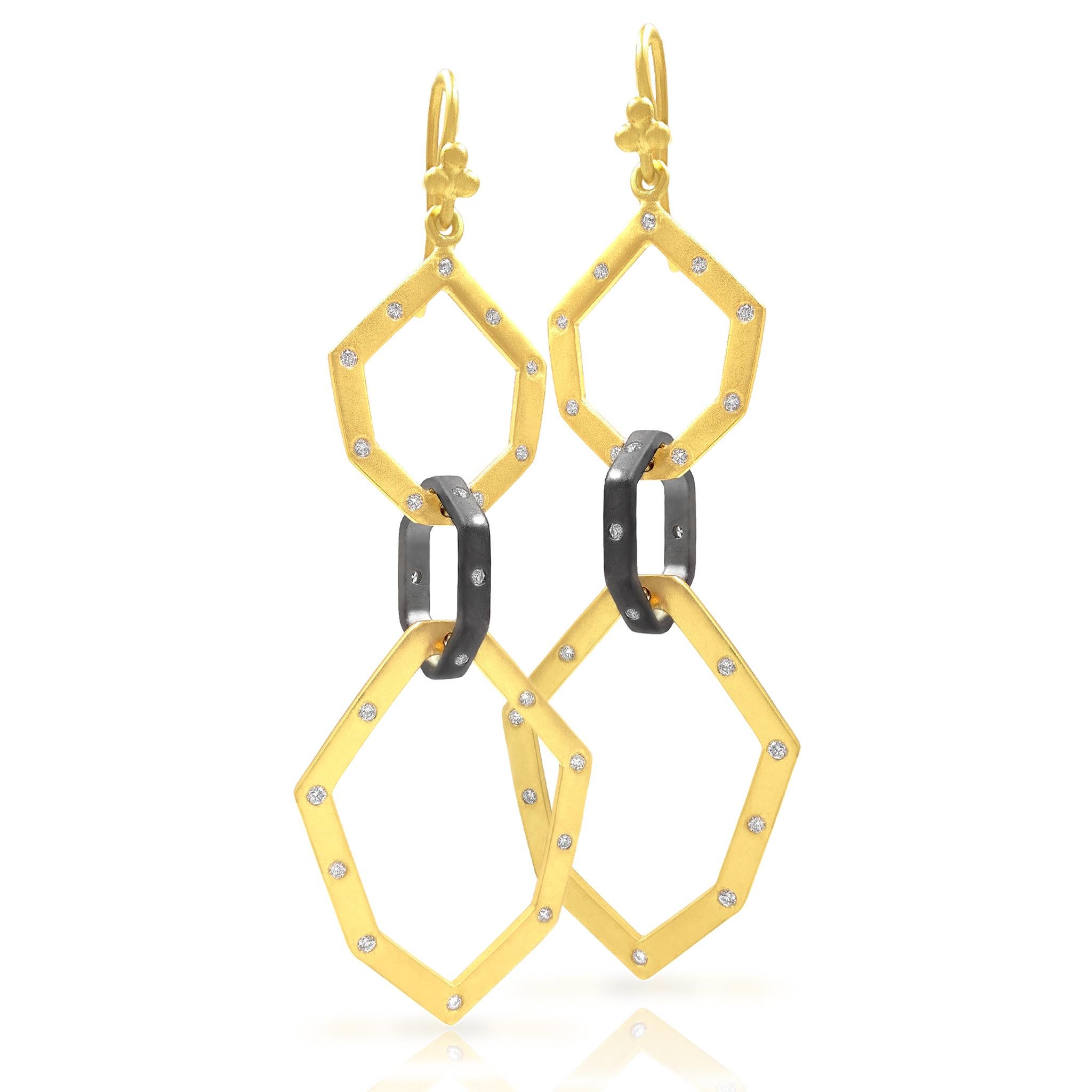 Artist White Diamond Yellow Gold Oxidized Silver Geometric Link Earrings, Lauren Harper For Sale