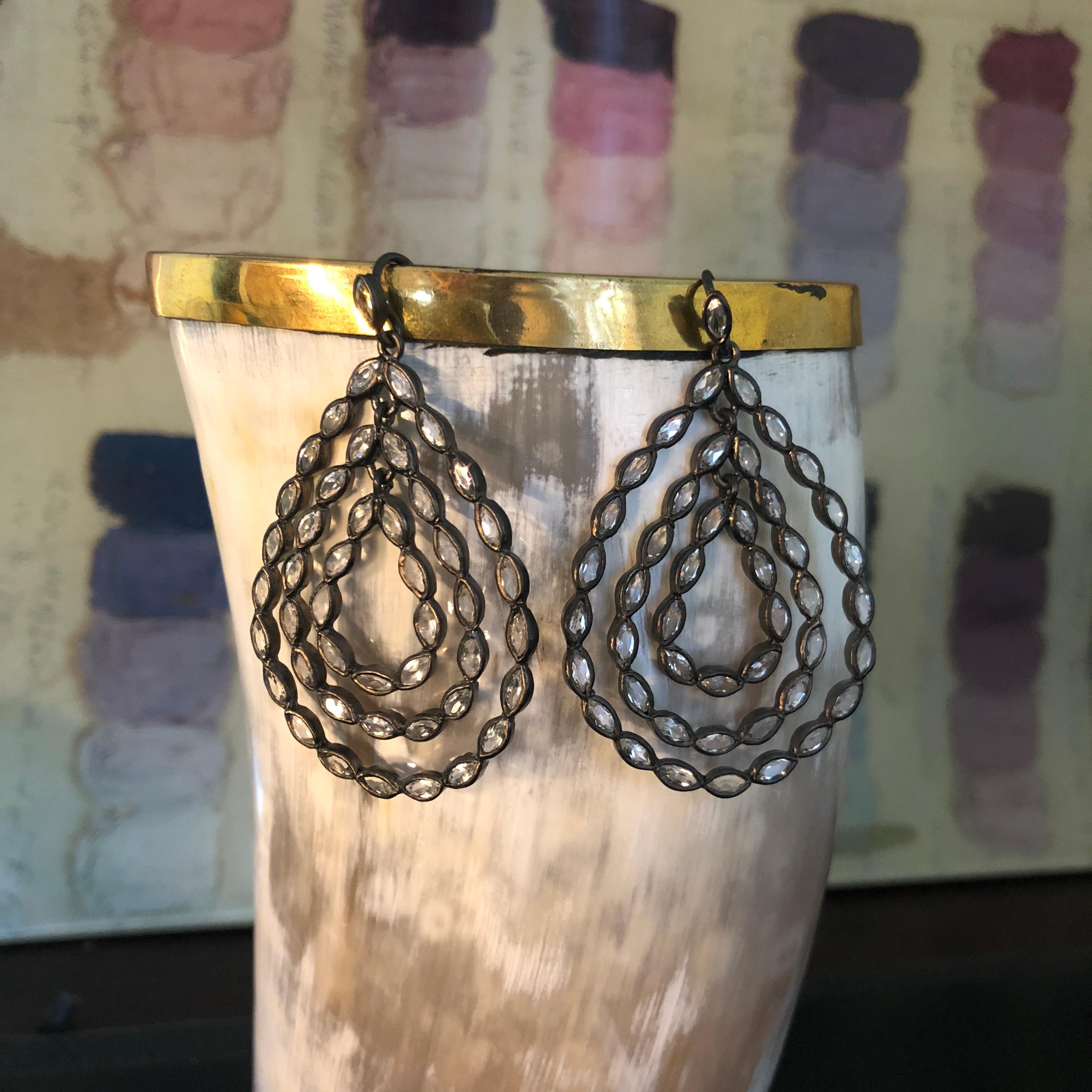 Artisan White Topaz and Black Silver Pear Drop Earrings by Lauren Harper For Sale