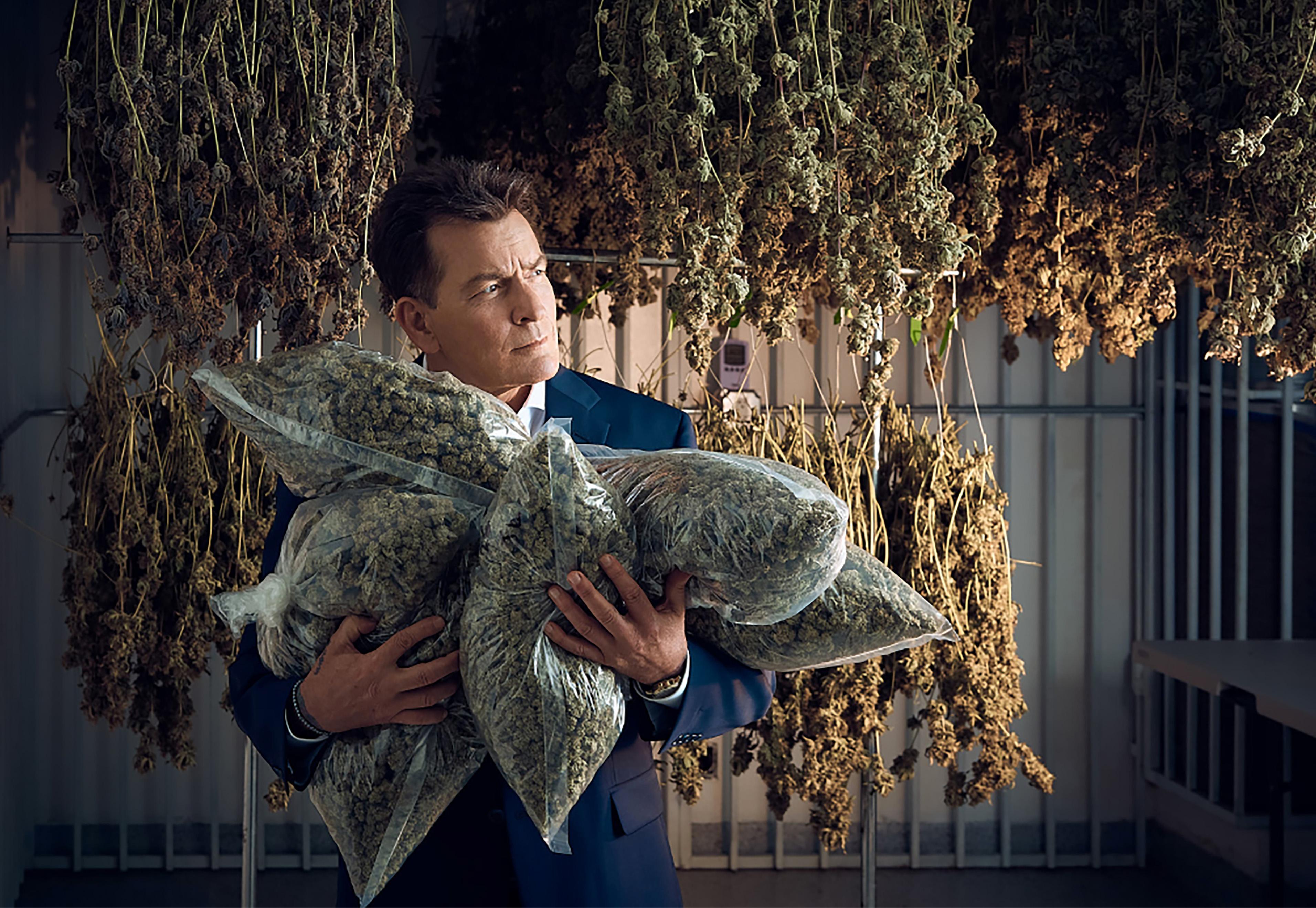 Lauren Hurt Portrait Photograph - "Charlie Sheen with Bags of Weed"-Archival Pigment Ink Photography 