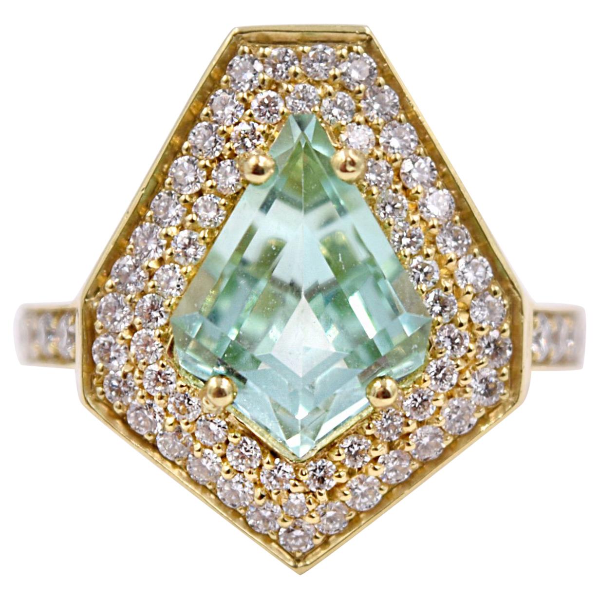 Lauren K. 2.27ct Kite Shaped Mint Tourmaline and Diamond Cocktail Ring 18K Gold For Sale