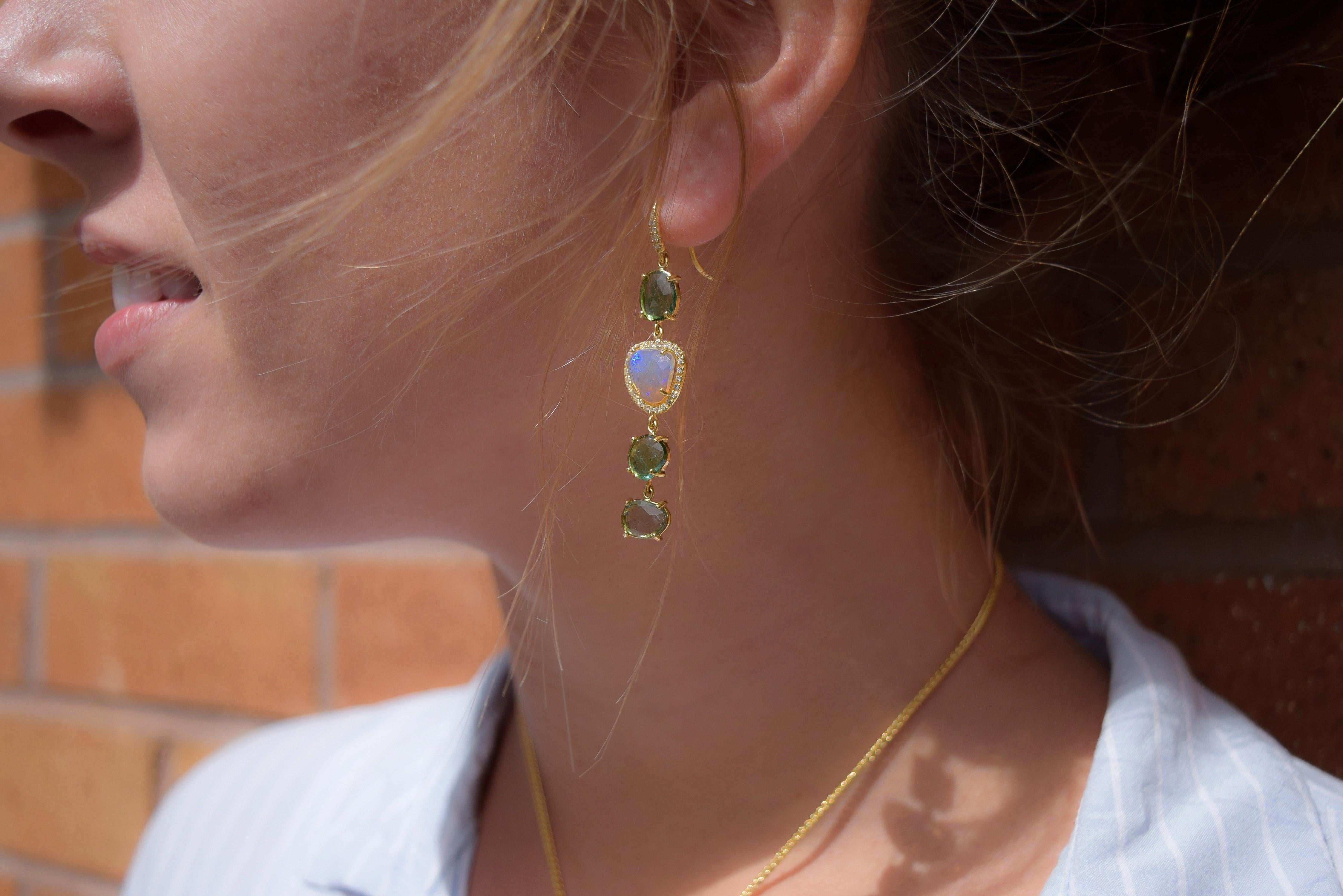 Lauren K. 9.10 Carat Green Tourmaline and Faceted Opal Dangle Earrings 18K Gold For Sale 1