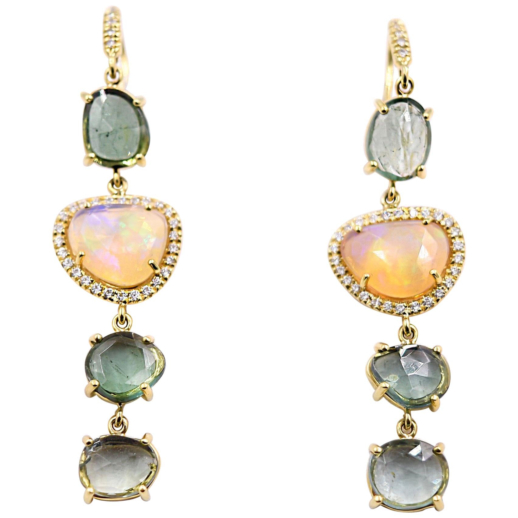 Lauren K. 9.10 Carat Green Tourmaline and Faceted Opal Dangle Earrings 18K Gold For Sale