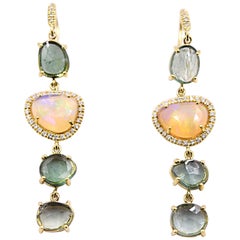 Lauren K. 9.10 Carat Green Tourmaline and Faceted Opal Dangle Earrings 18K Gold