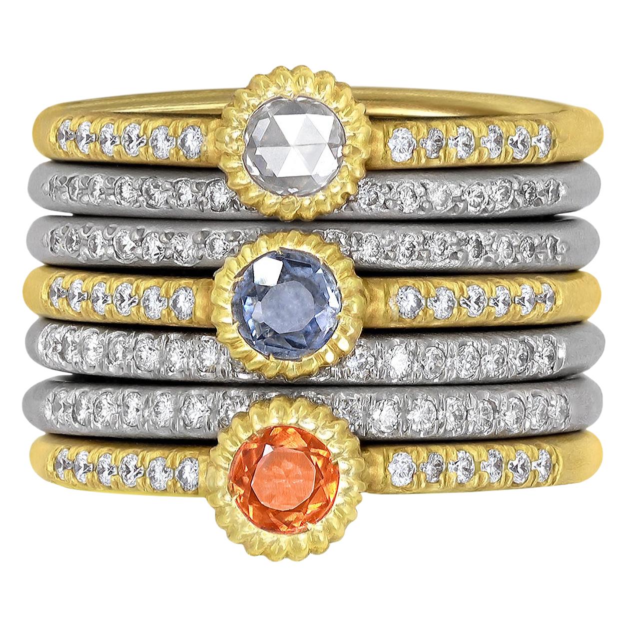 White Diamond Blue + Orange Sapphire High Karat Gold Stacking Rings