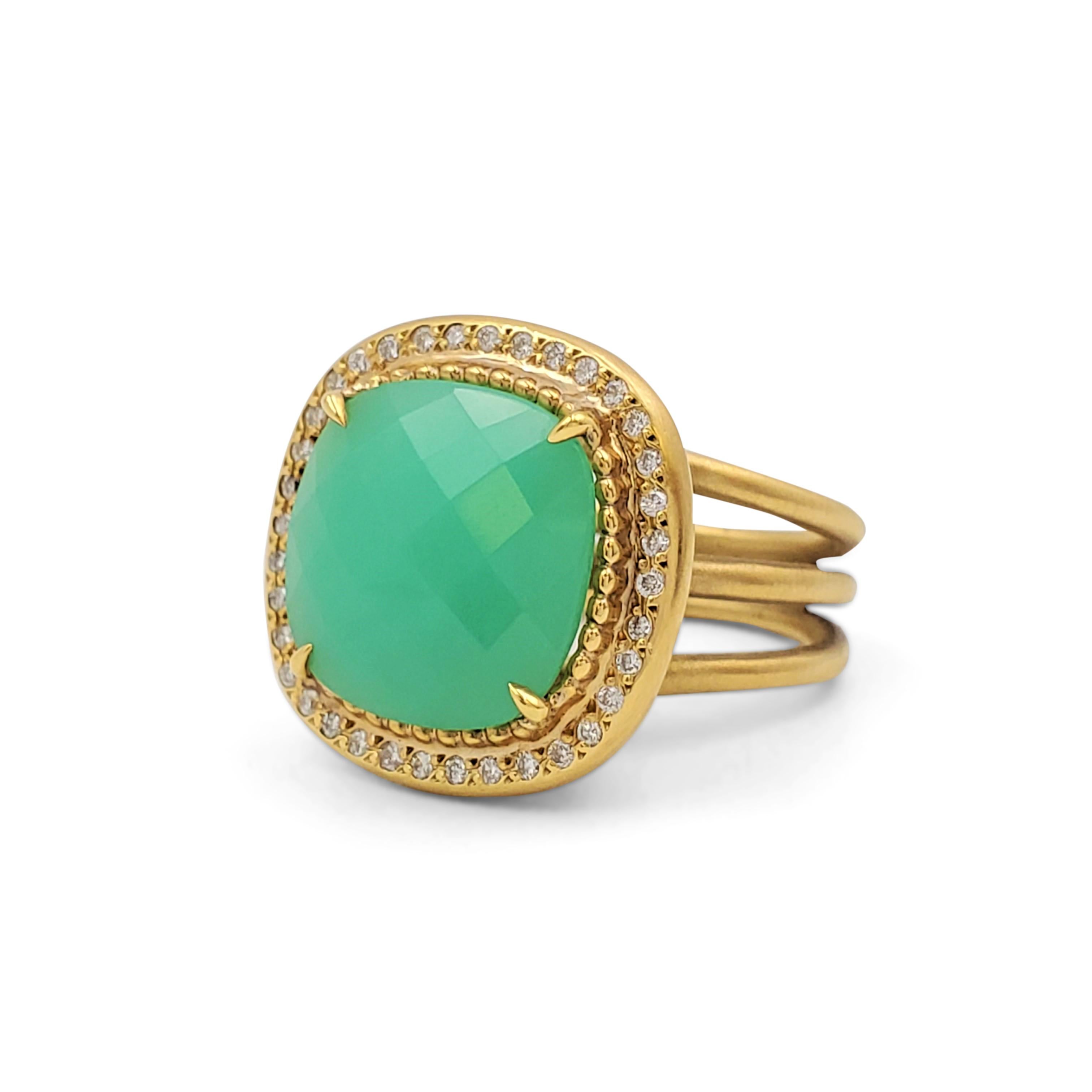 Authentic Lauren K. ring crafted in 18 karat satin-finished yellow gold. This ring is set with a bright 8-carat faceted cushion chrysoprase accented with a halo of gold beads and round brilliant cut diamonds totaling 0.25 carats. The ring measures