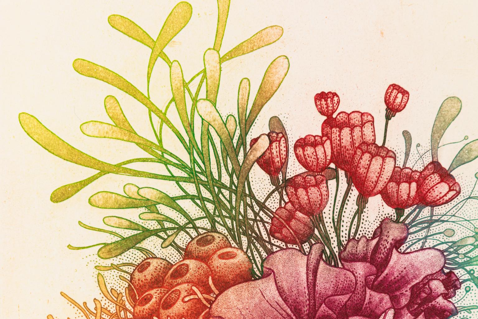 Coral Bouquet - Color Etching of Coral and Plant Life in Green, Orange, Red  - Print by Lauren Kussro