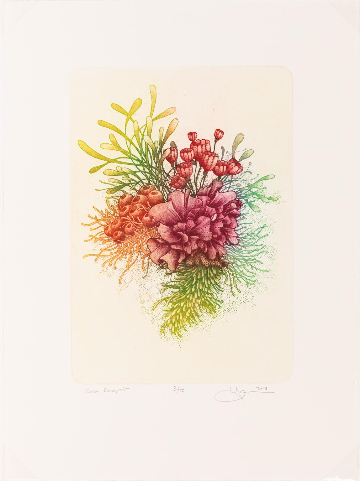 Lauren Kussro Animal Print - Coral Bouquet - Color Etching of Coral and Plant Life in Green, Orange, Red 