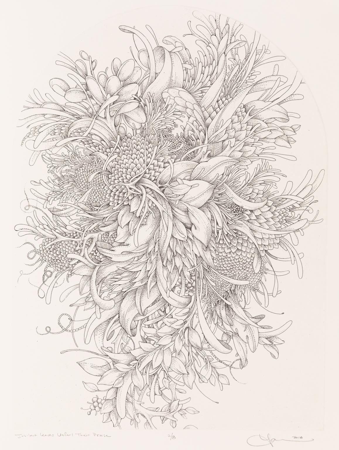 Jubilant Leaves Unfurl Their Praise  Etching of Underwater Coral and Plant Life - Print by Lauren Kussro