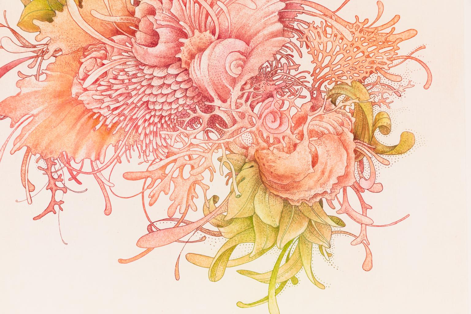 Roseate Delights - Color Etching of Underwater Sea and Plant Life Red Orange - Print by Lauren Kussro