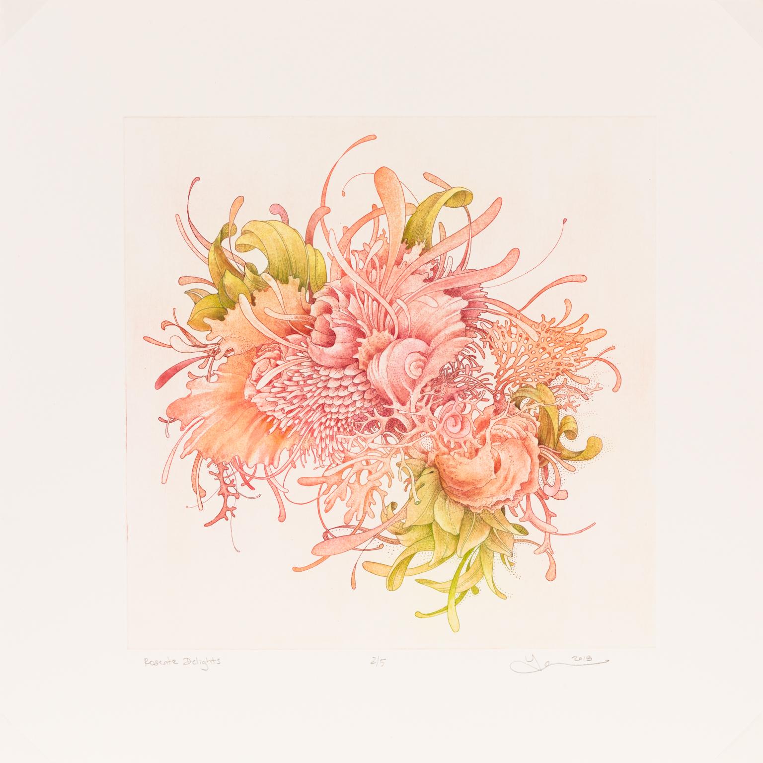 Lauren Kussro Animal Print - Roseate Delights - Color Etching of Underwater Sea and Plant Life Red Orange