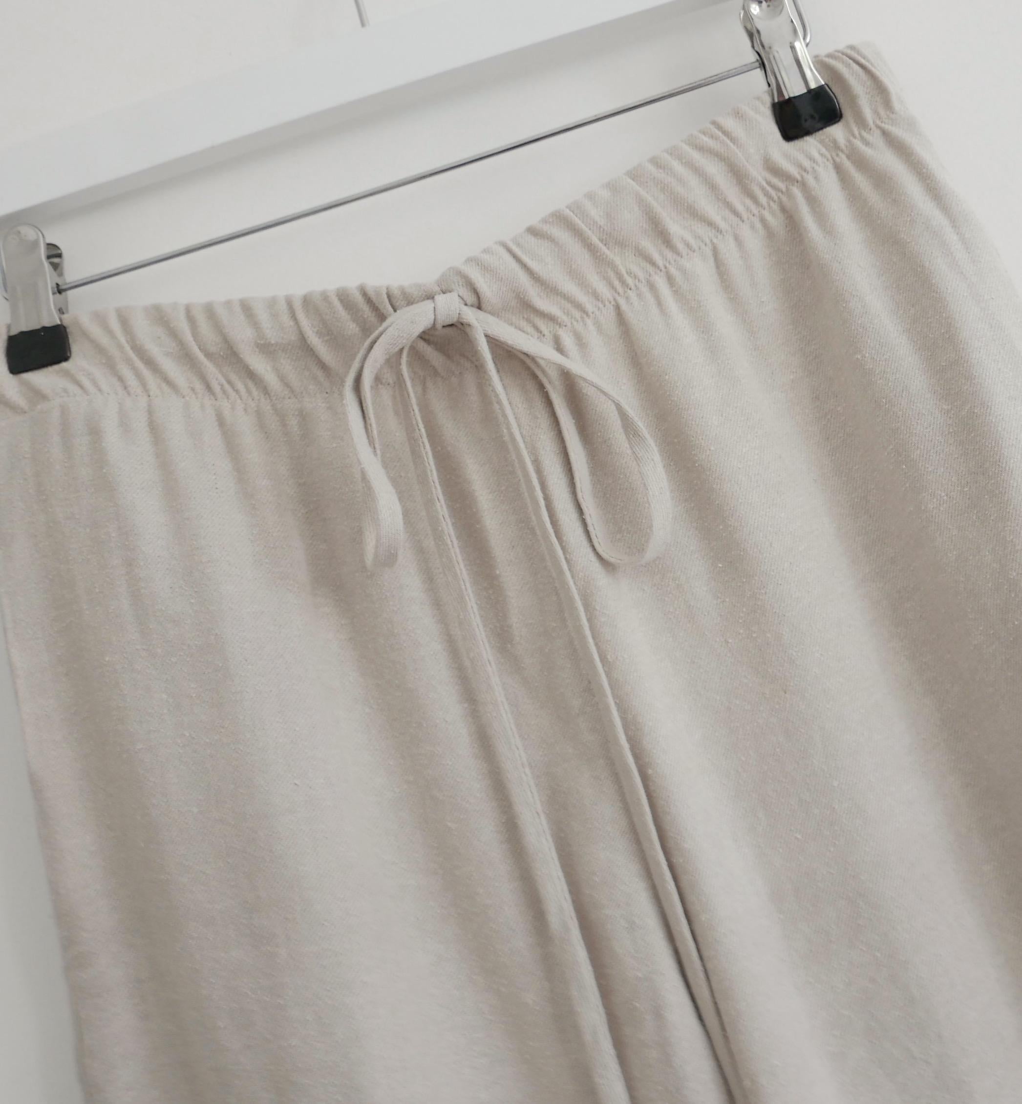 Comfy cool, New York sustainable luxe Lauren Manoogian wide leg pants. Bought for £475 and unworn. Mangoolian’s clothes have been described as “needing to be felt to be believed”. Made from beige slub textured linen and silk (53:47), they have a