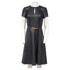 Lauren Ralph Lauren Belted Stretch Leather Fit & Flare Dress Navy Size US 4