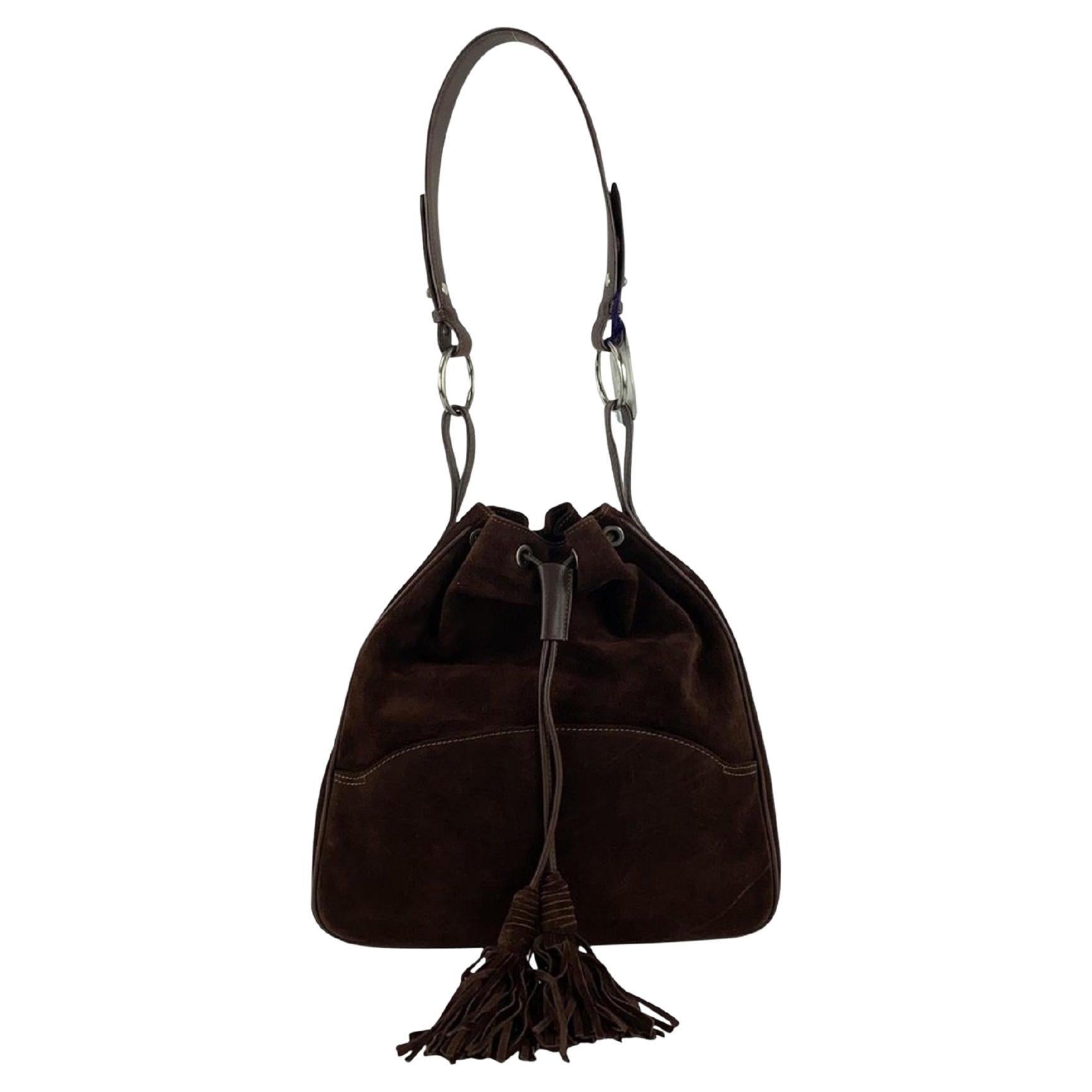Lauren Ralph Lauren Brown Suede Drawstring Tassel Bucket Shoulder Bag 8RLL1127 For Sale