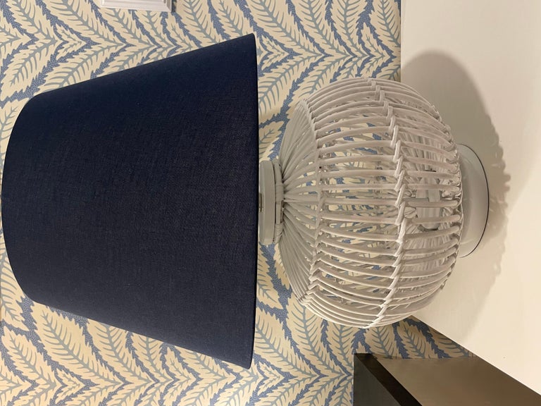 Lauren Ralph Lauren White Rattan Table Lamps With Navy Shades a Pair