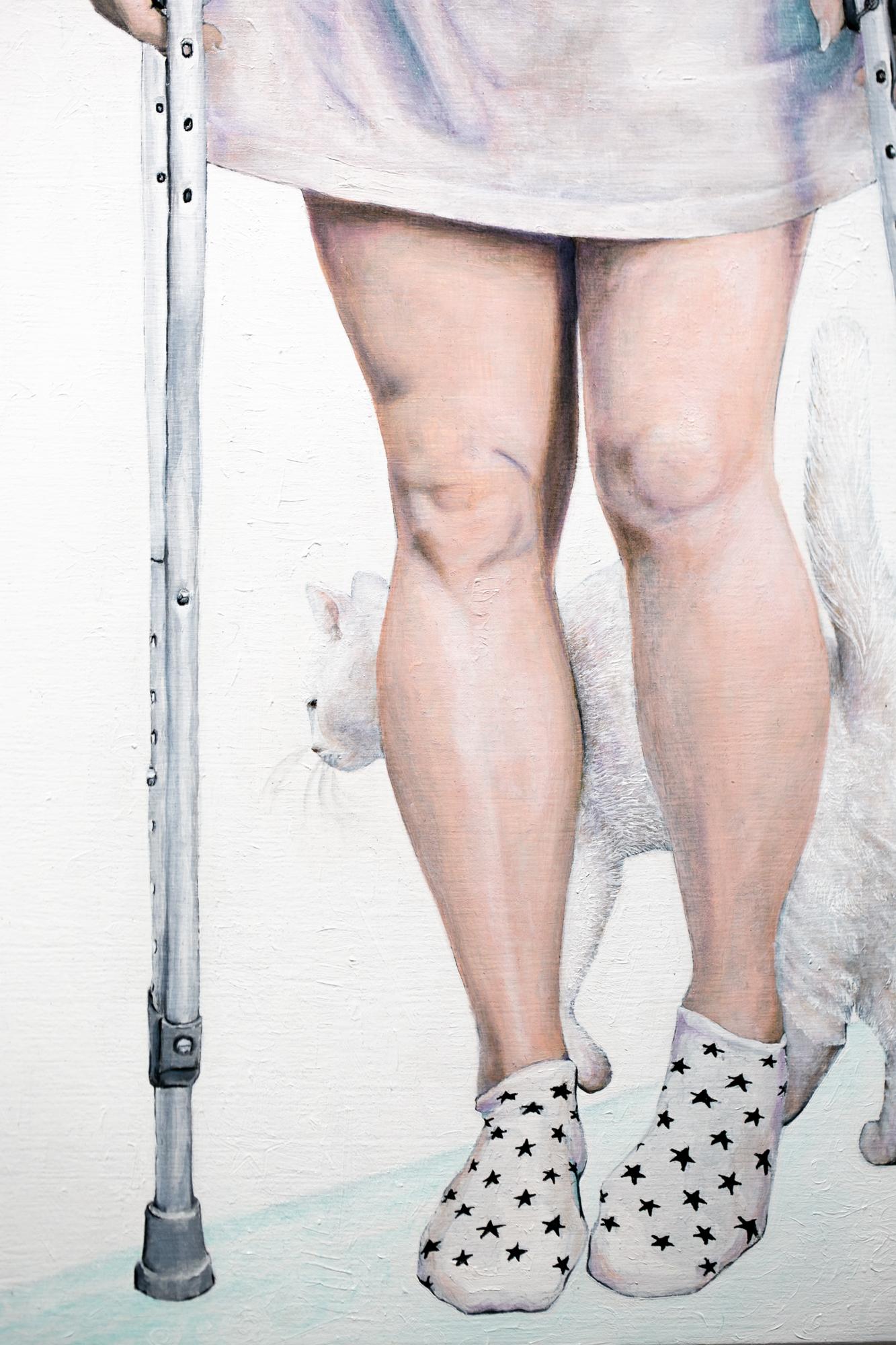 This white, beige, purple and grey figurative painting titled 