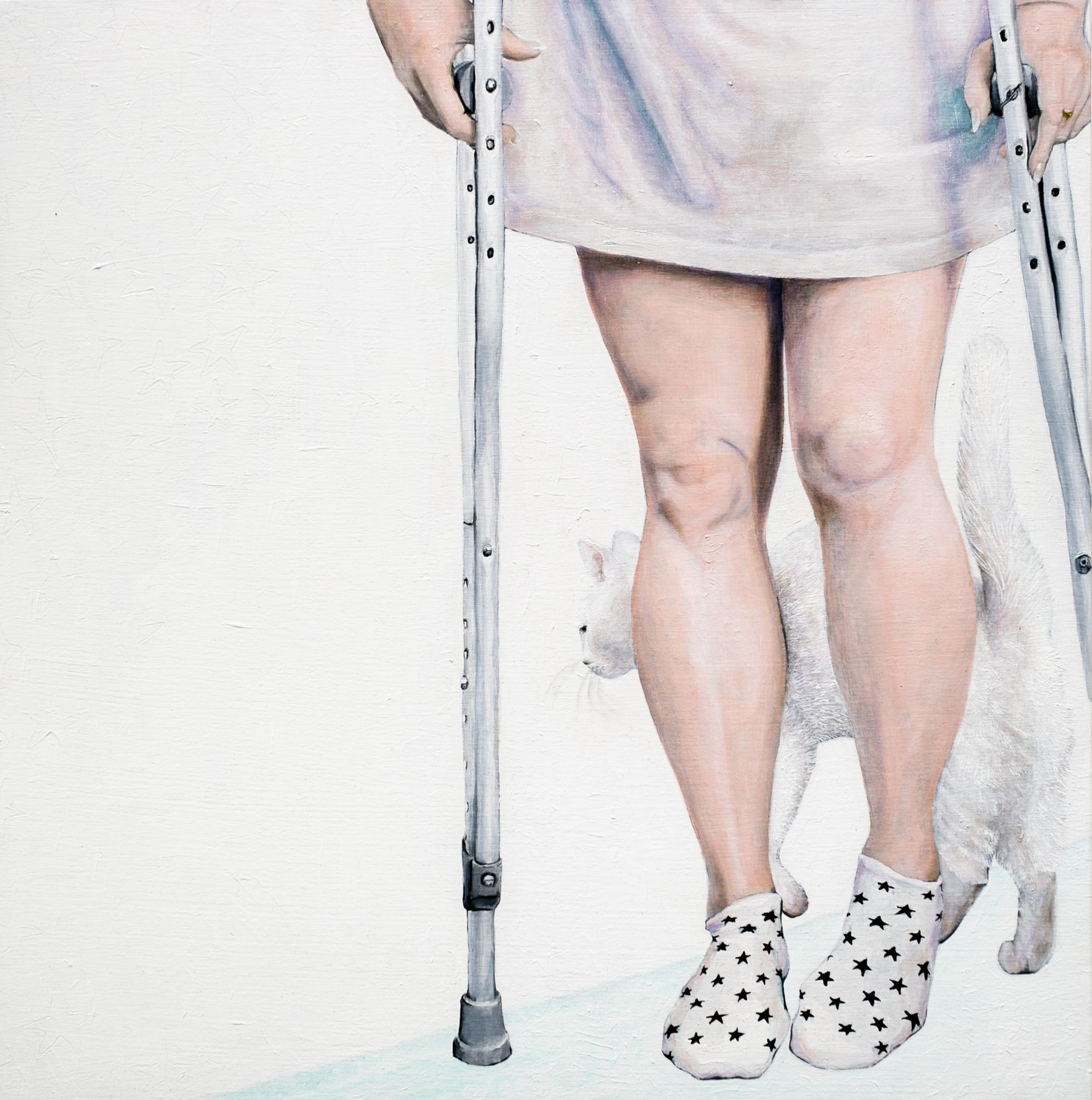 Lauren Rinaldi Portrait Painting - "Constant Convalescence", Figurative, Oil Painting, Cat, Legs, Crutches