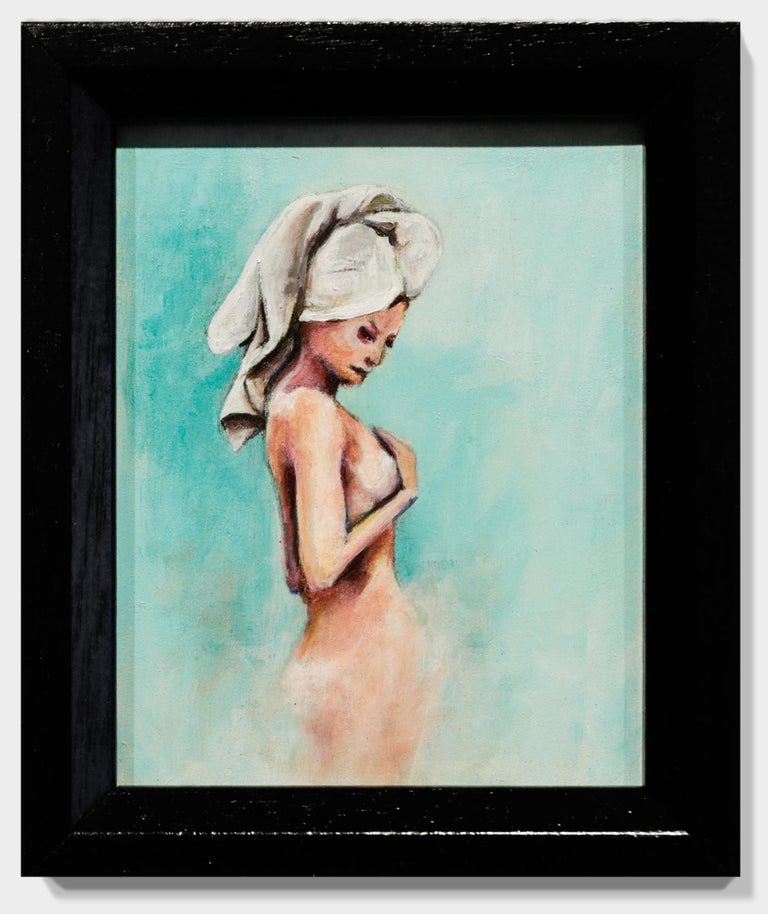 This is an original oil painting on panel by Lauren Rinaldi. The piece ships in the pictured black frame and measures 6in x 5in. 

Lauren Rinaldi's work inhabits the space where objectification, female power and sexual empowerment intersect and