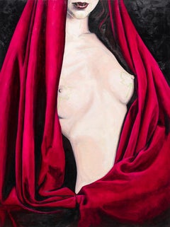 "Paradosso" Donna nuda che indossa rossetto e mantello rosso