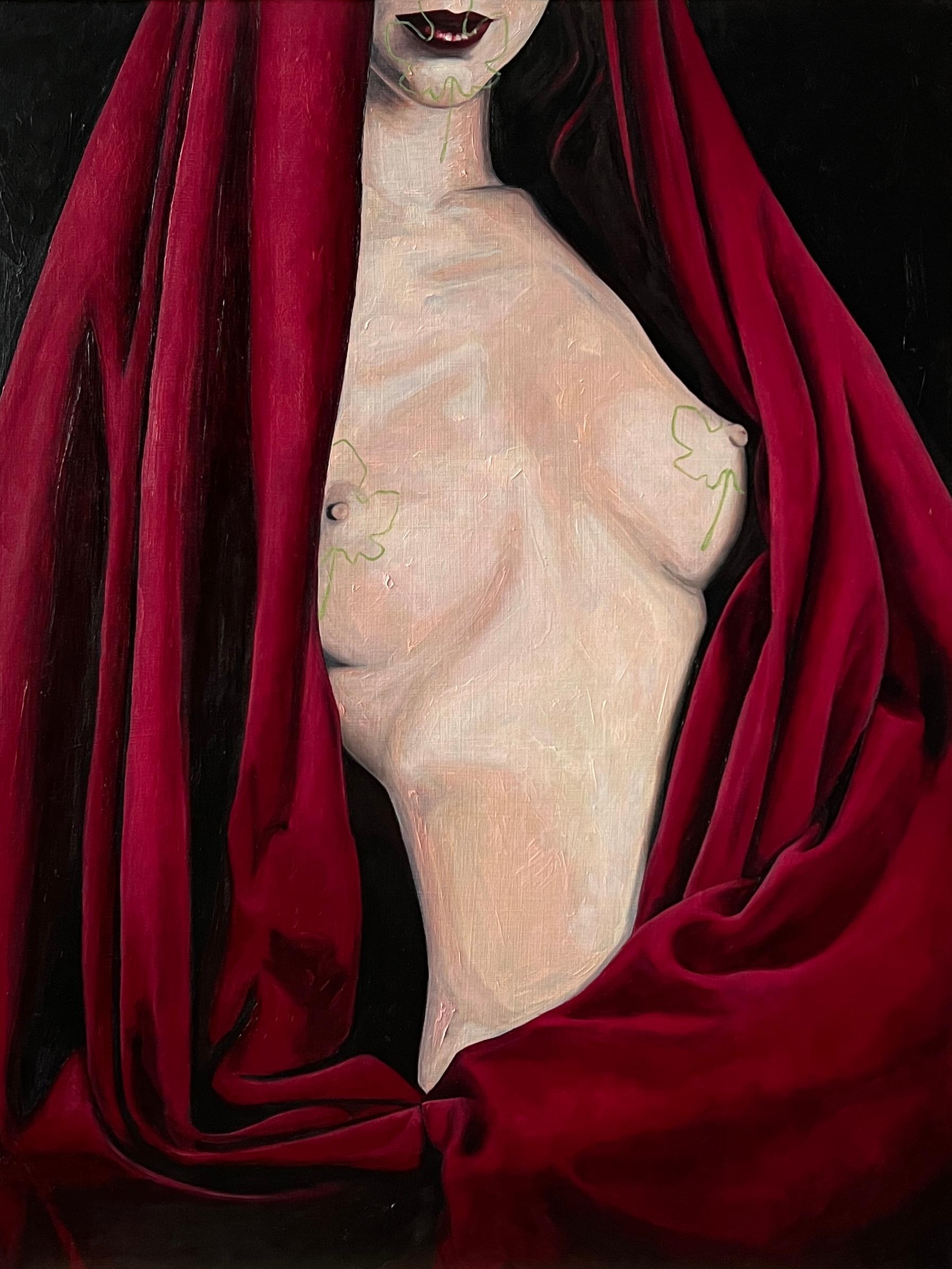"Paradox" oil painting, female nude, drapery, leaf motifs - Art by Lauren Rinaldi