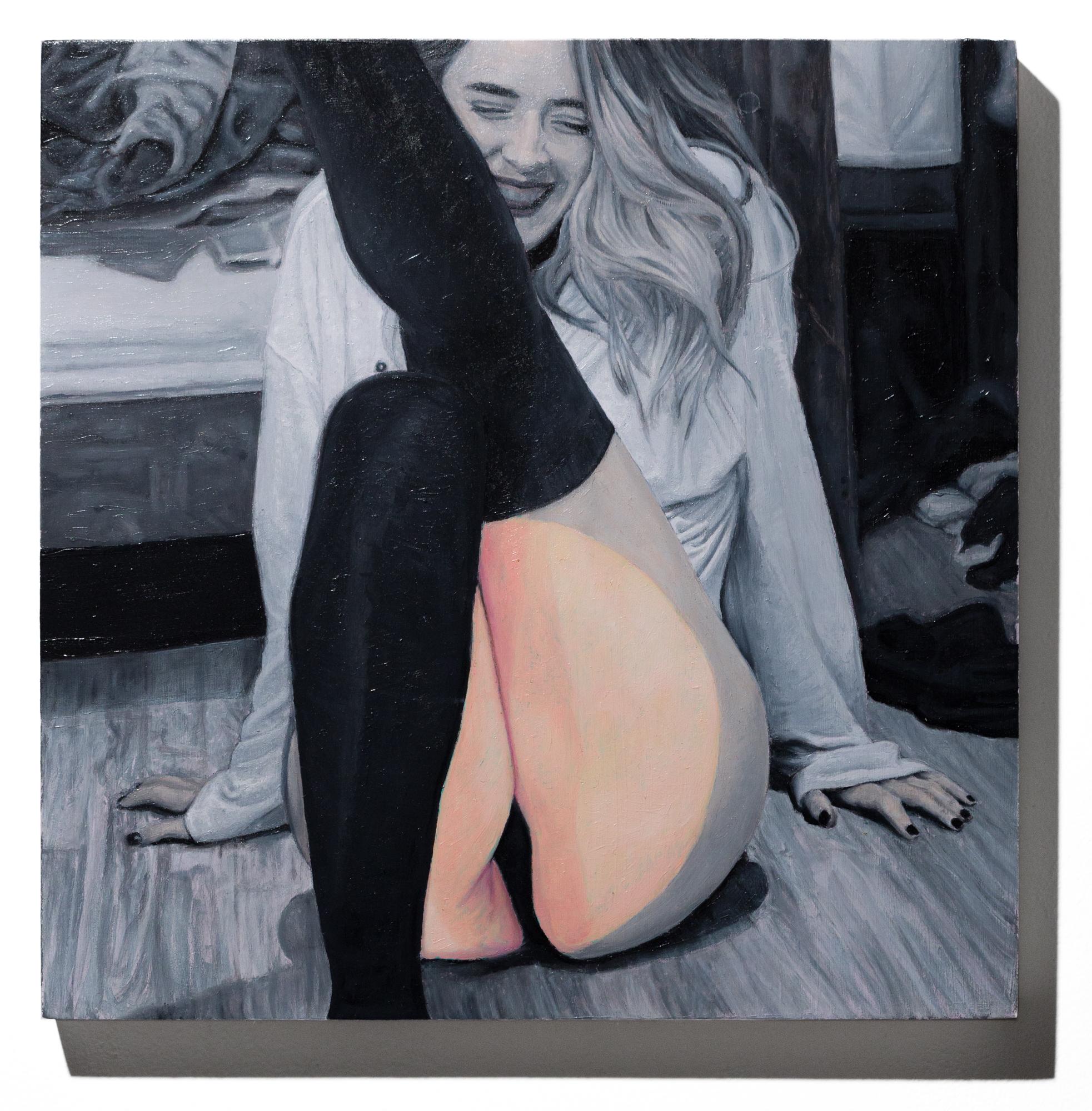 Figurative Painting di Lauren Rinaldi - "Fase 3: Colpito, mezzo pieno", Olio su pannello, Nudo, Pittura figurativa