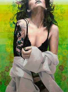 "Rise and Fall" Portrait of Tattooed Woman in Black Lingerie in Green Background