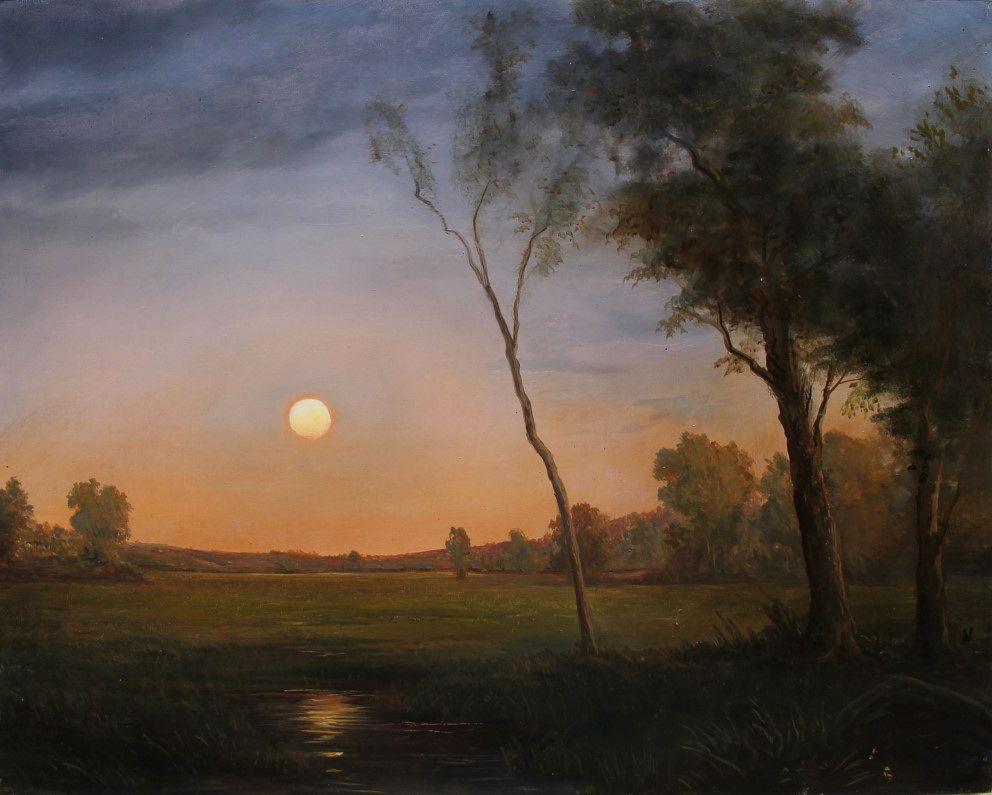 Moonrise, landscape in the Hudson River School style by contemporary American female artist, Lauren Sansaricq

LAUREN SANSARICQ (b. 1990)
Moonrise
Oil on panel
16 x 20 inches (unframed)
Signed

I am in the pursuit of beauty. —Lauren