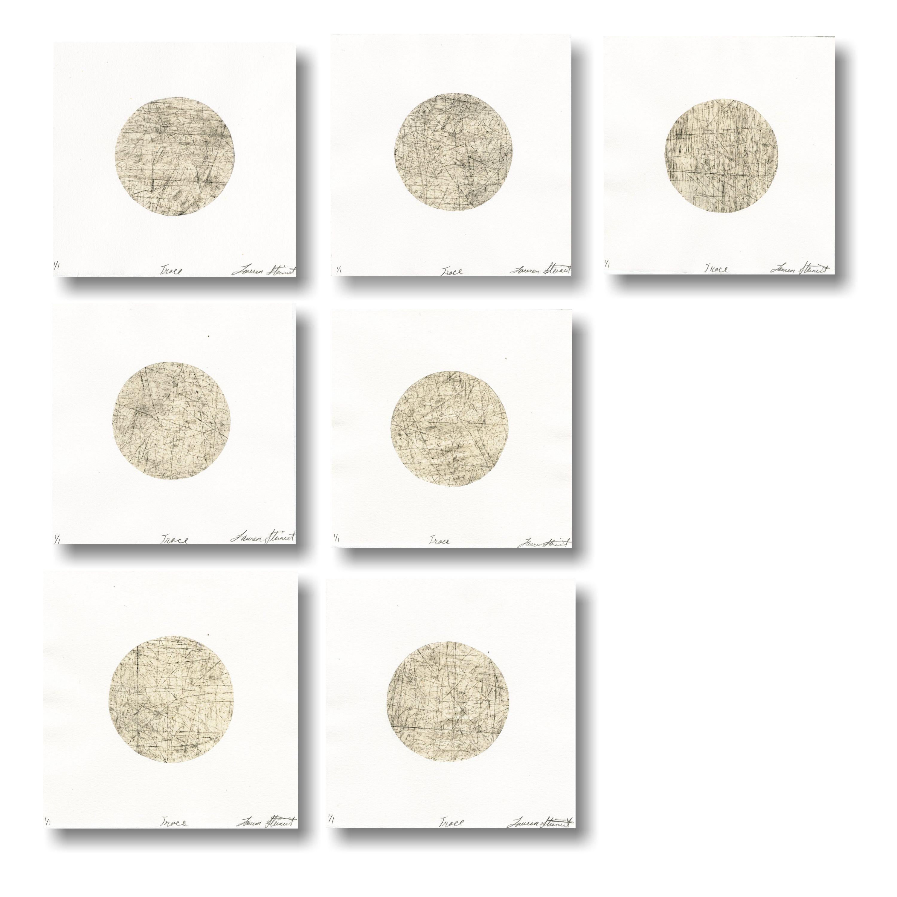 Set of 7 "Trace" Works (Drypoint Etchings, Mulberry Chine Colle on Rives BFK) - Print by Lauren Steinert