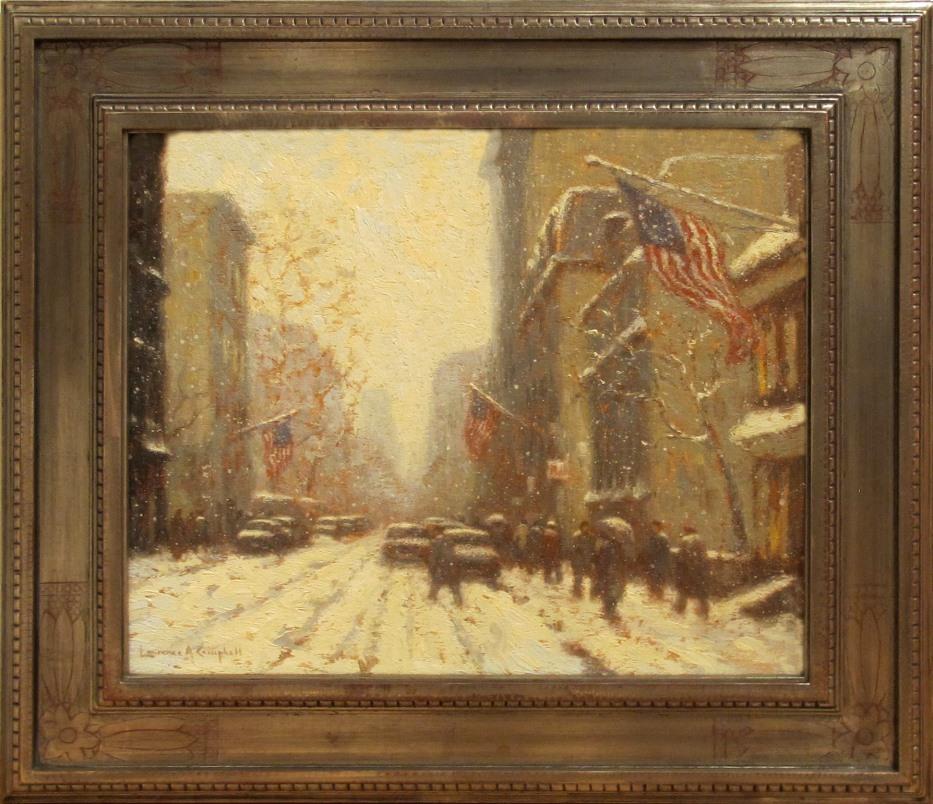 Laurence A. Campbell Landscape Painting - "Snow Storm Arch Street Philadelphia"
