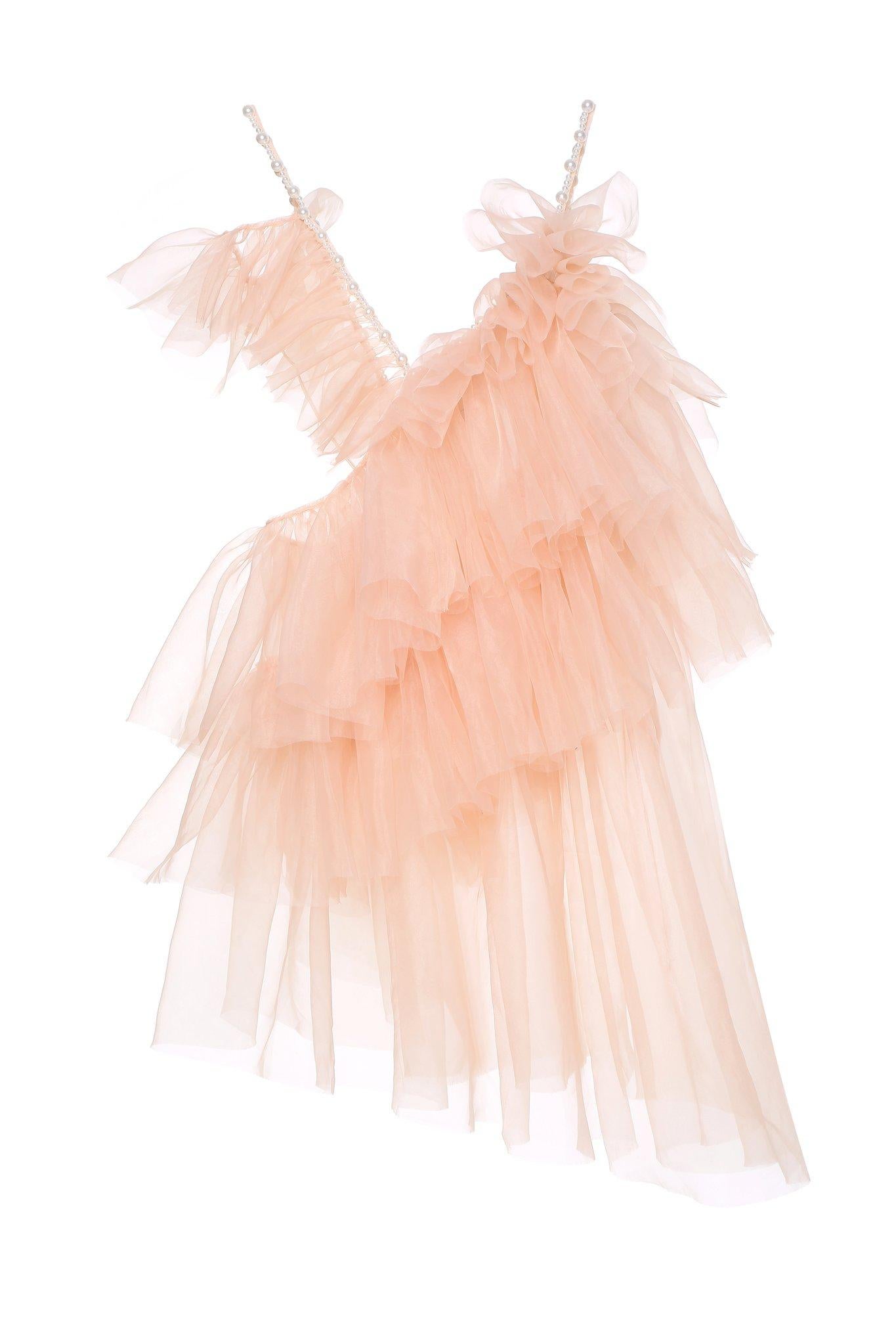 Laurence and Chico Tulle Dress

Dress in Tulle Ruffled Asymmetrical with Mini Pearl Straps, Beige

 