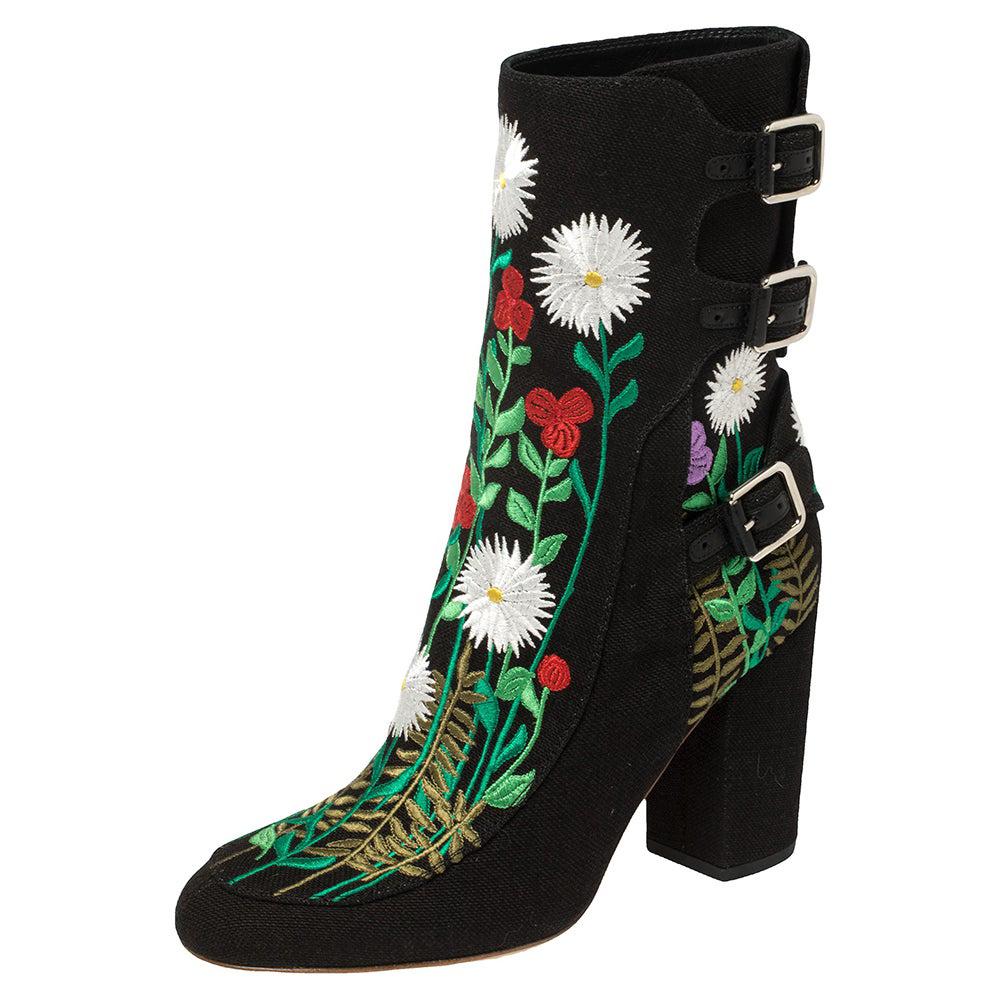 Laurence Dacade Black Flower Embroidered Canvas Ankle Boots Size 40.5