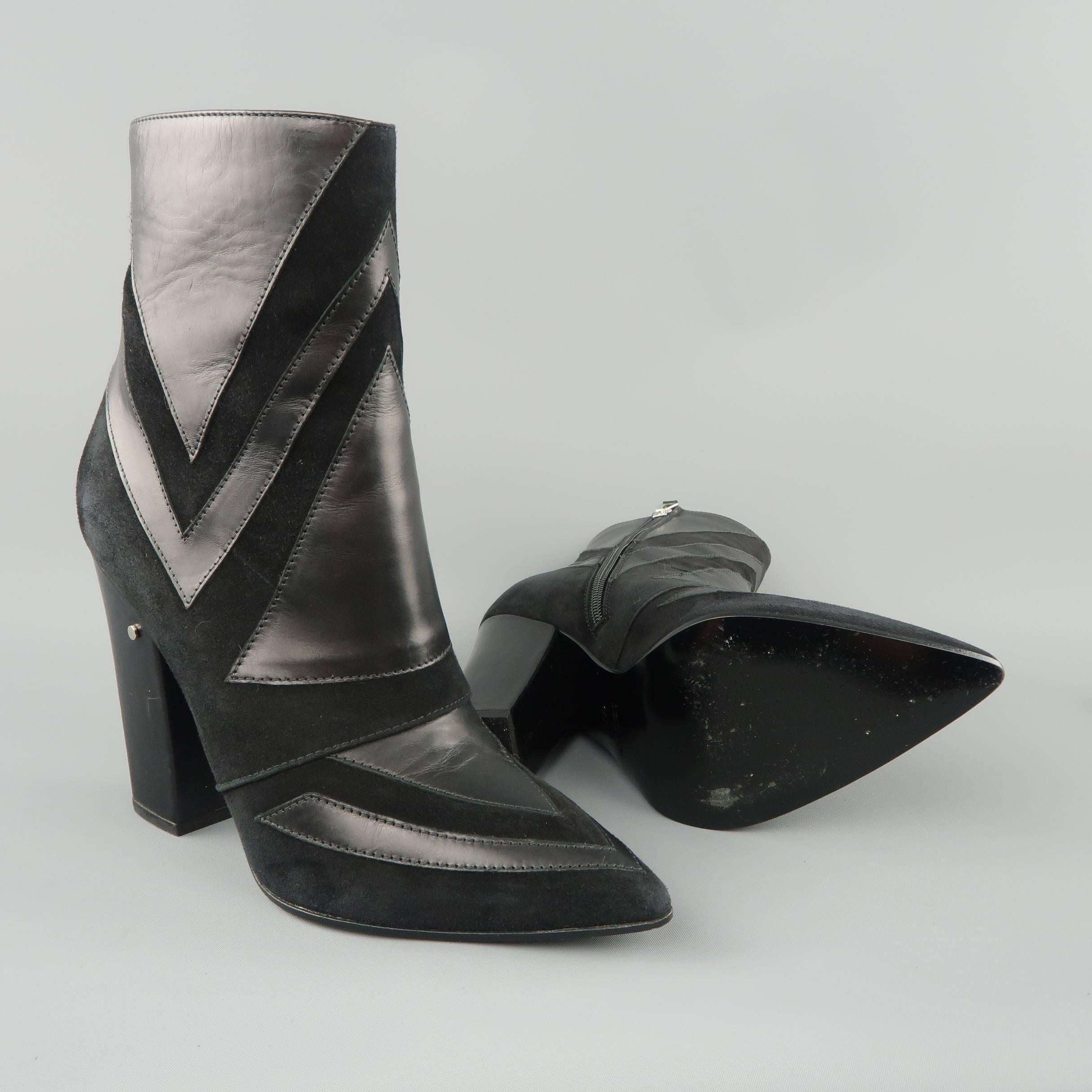 LAURENCE DACADE ankle boots come in black suede with all over black leather geometric patchwork and feature a pointed toe, inner zip closure, and chunky covered heel. Made in Italy.
 
Good Pre-Owned Condition.
Marked: IT 38.5
 
Measurements:
 
Heel: