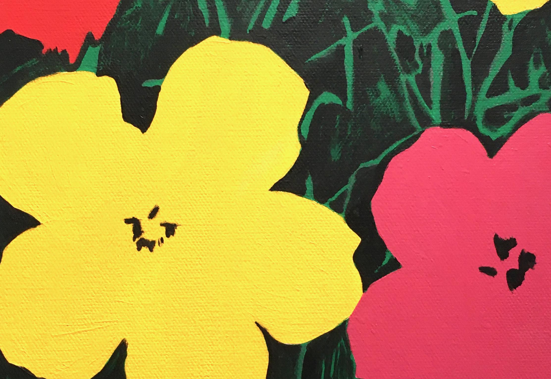 Andy Warhol flowers small painting by Laurence de Valmy. In stock. - Pop Art Painting by Laurence de Valmy 