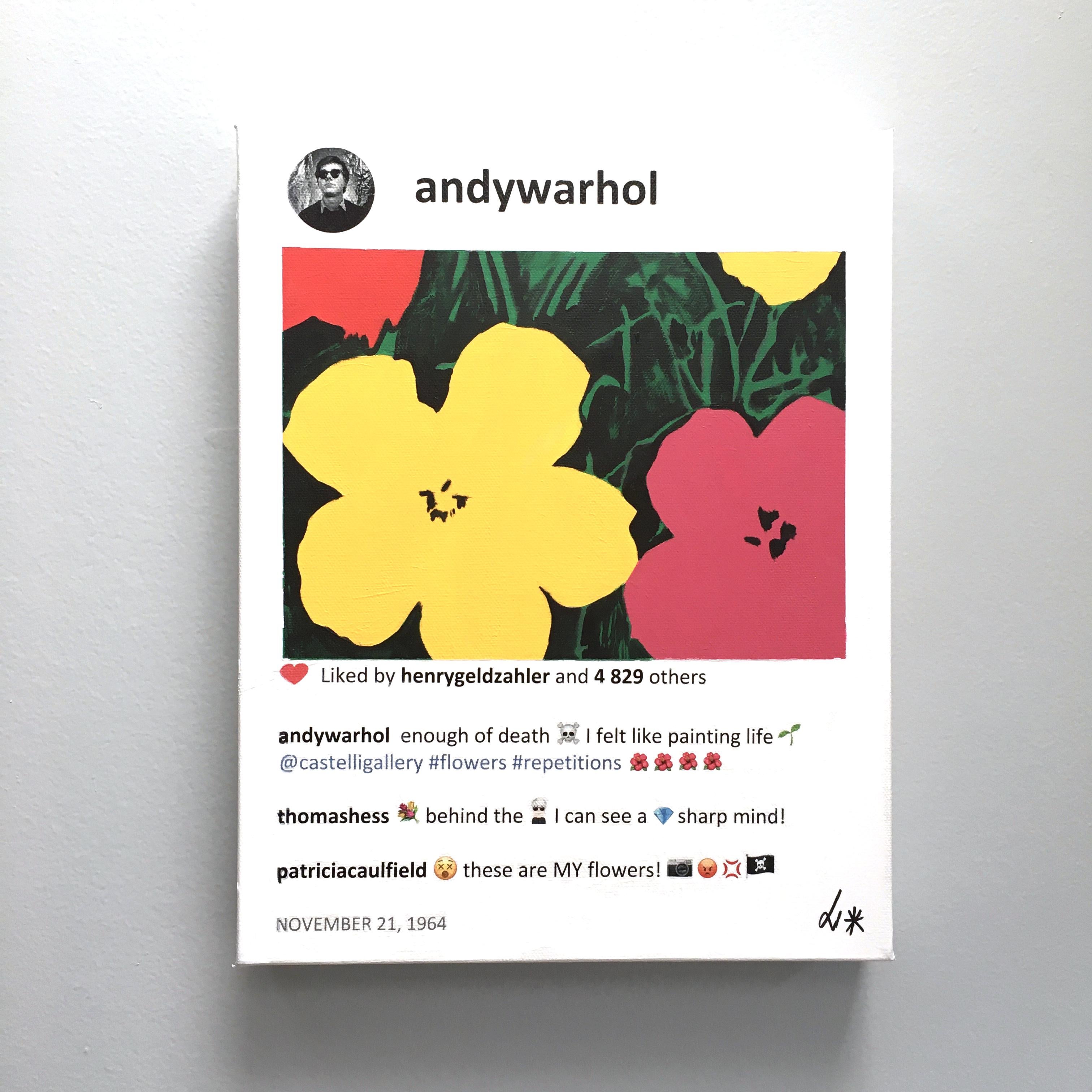 Andy Warhol flowers small painting by Laurence de Valmy. In stock. - Painting by Laurence de Valmy 