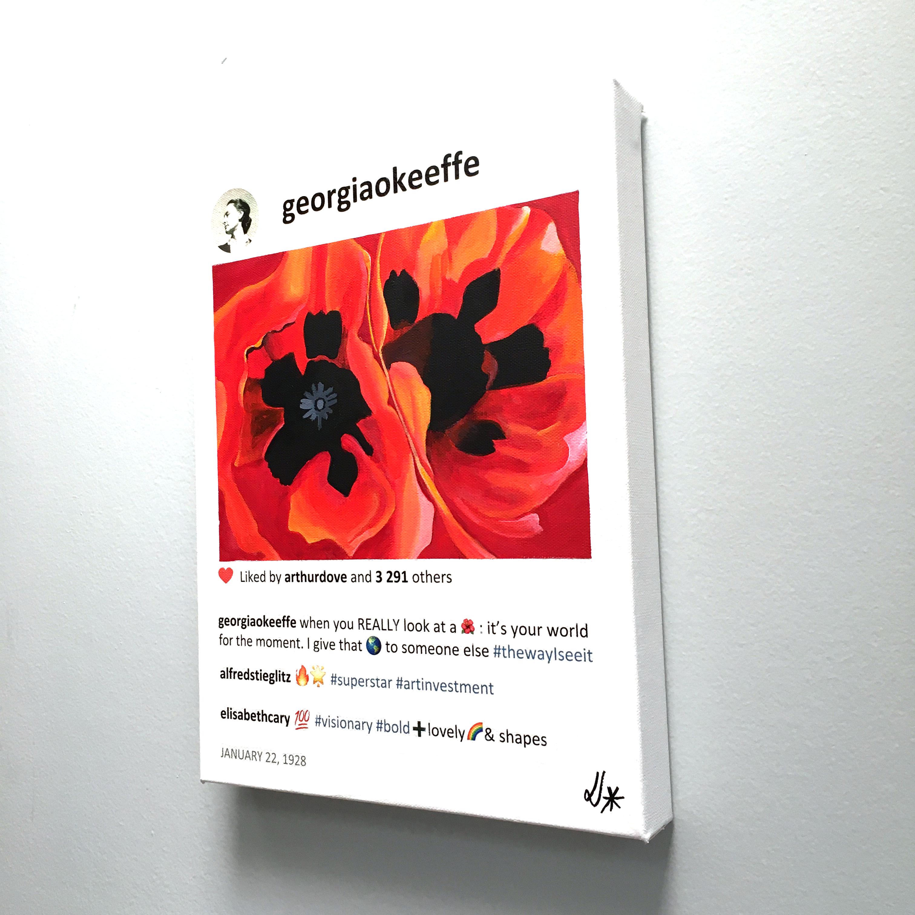 Small painting of red flower inspired by Georgia O'Keeffe. In stock. - Pop Art Painting by Laurence de Valmy 