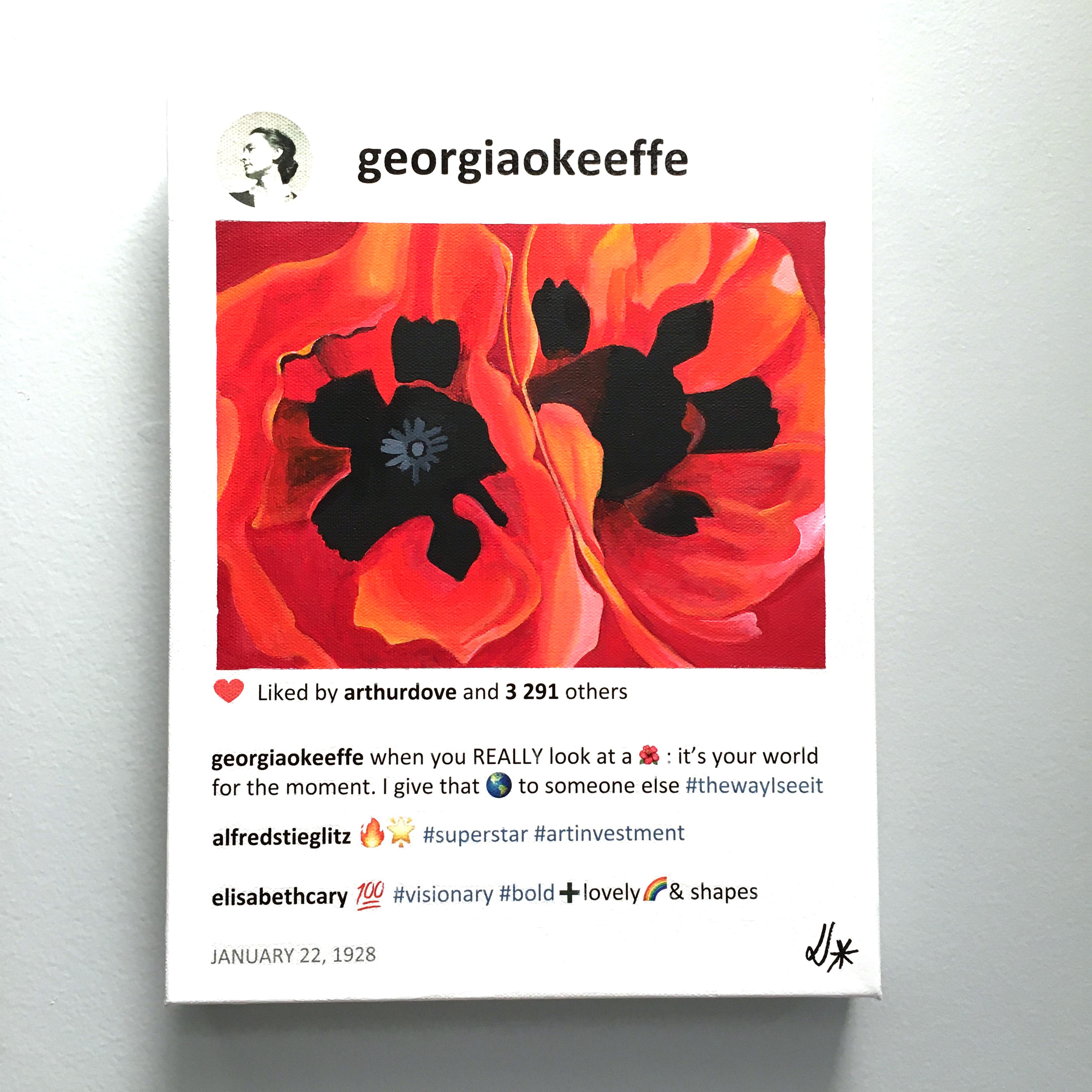 Small painting of red flower inspired by Georgia O'Keeffe. In stock. - Painting by Laurence de Valmy 