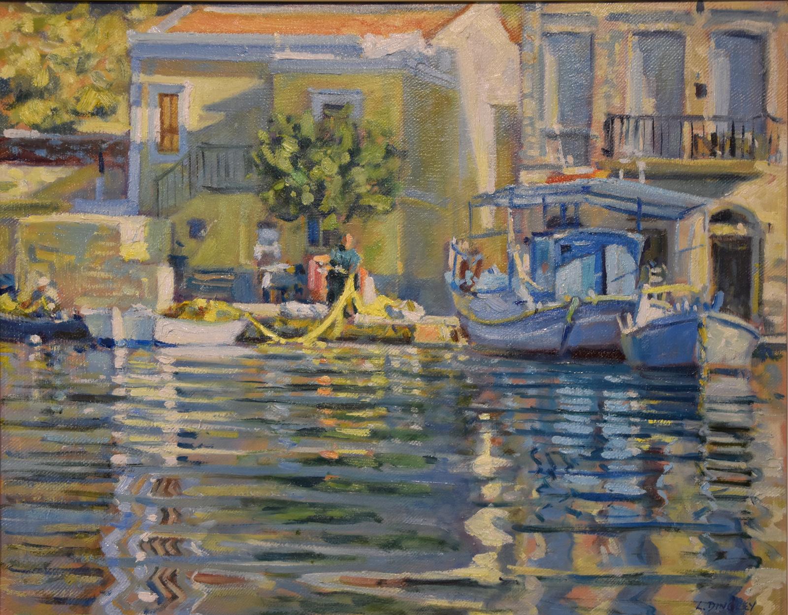 Peinture à l'huile « A Sunlit Quayside » de Laurence Dingley - Painting de Laurence dingley