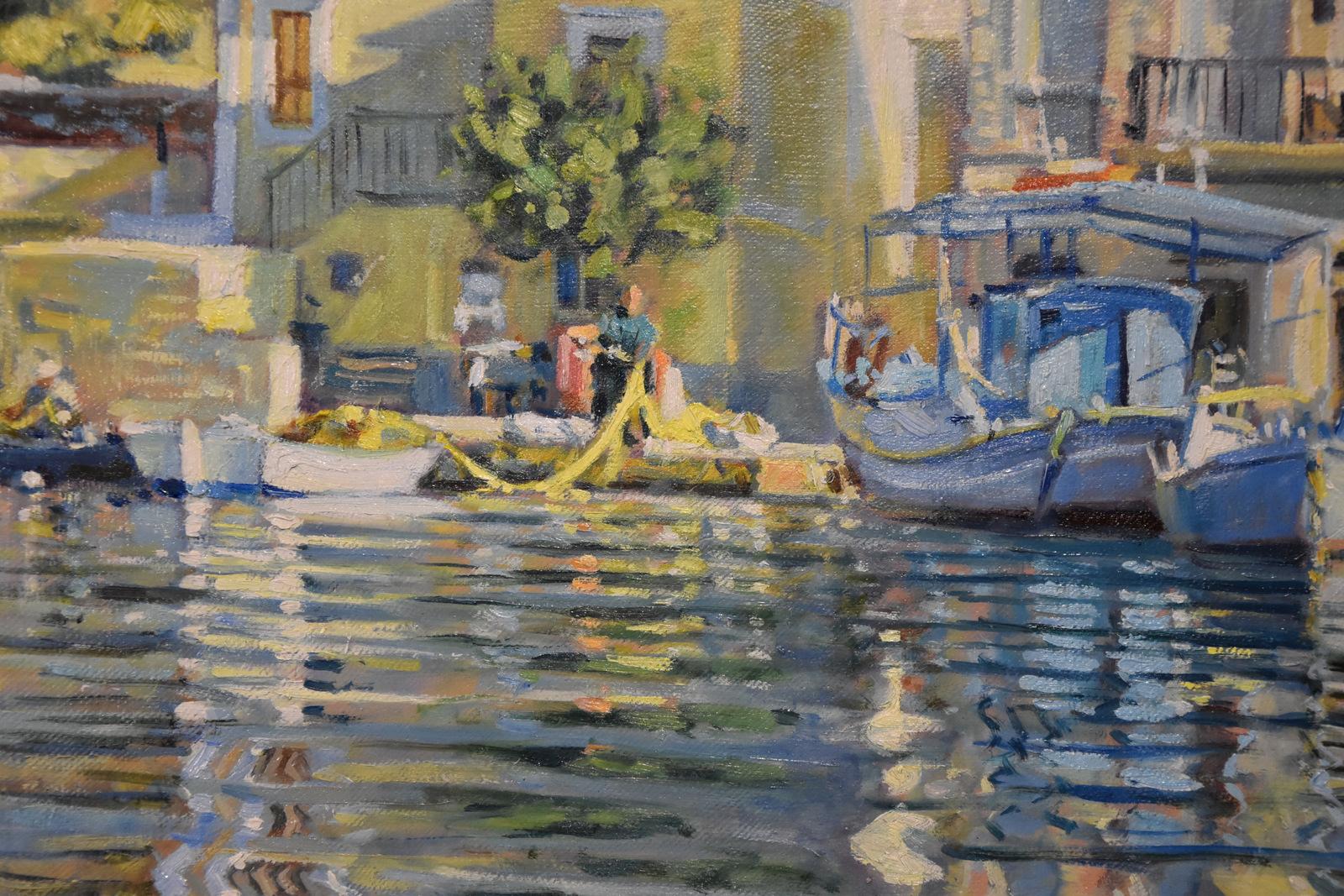 Peinture à l'huile « A Sunlit Quayside » de Laurence Dingley - Marron Landscape Painting par Laurence dingley