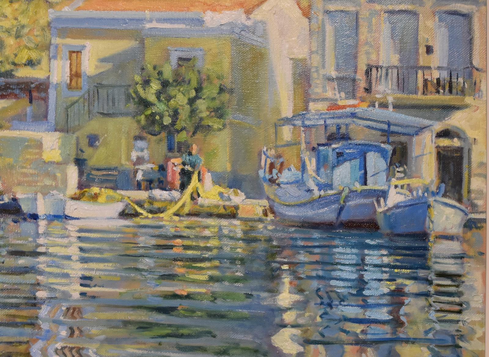 Peinture à l'huile « A Sunlit Quayside » de Laurence Dingley en vente 1