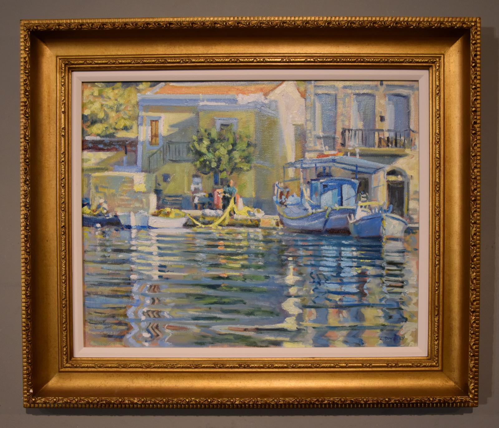 Landscape Painting Laurence dingley - Peinture à l'huile « A Sunlit Quayside » de Laurence Dingley