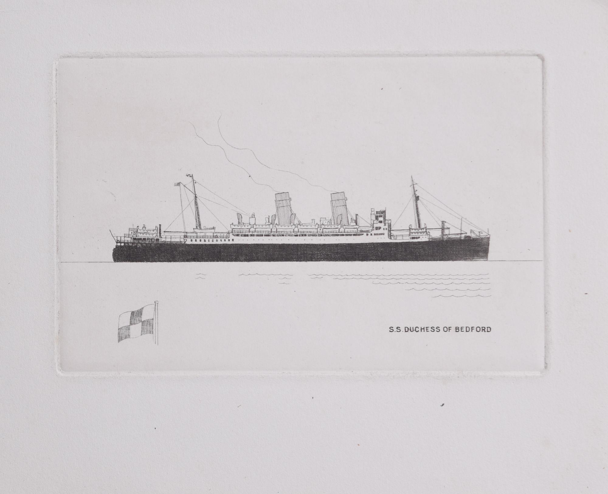 We acquired a series of marine works from Laurence Dunn's Archives. To find more scroll down to "More from this Seller" and below it click on "See all from this seller." 

Laurence Dunn (1910 - 2006)
SS Duchess of Bedford
Etching
9 x 14 cm

The SS