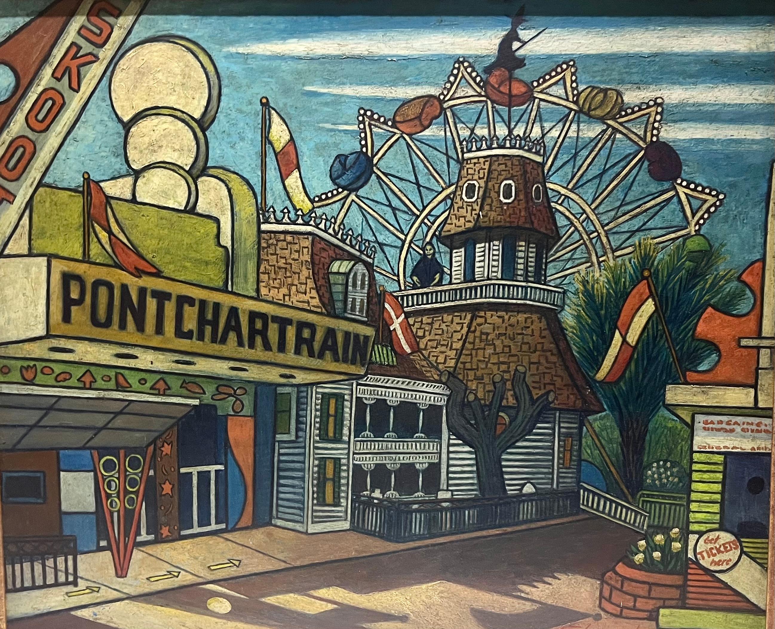 Laurence Edwardson Landscape Painting – PONCHARTRAIN Louisiana New Orleans Strand VERGNÜGUNGSPARK Riesenrad CARNIVAL