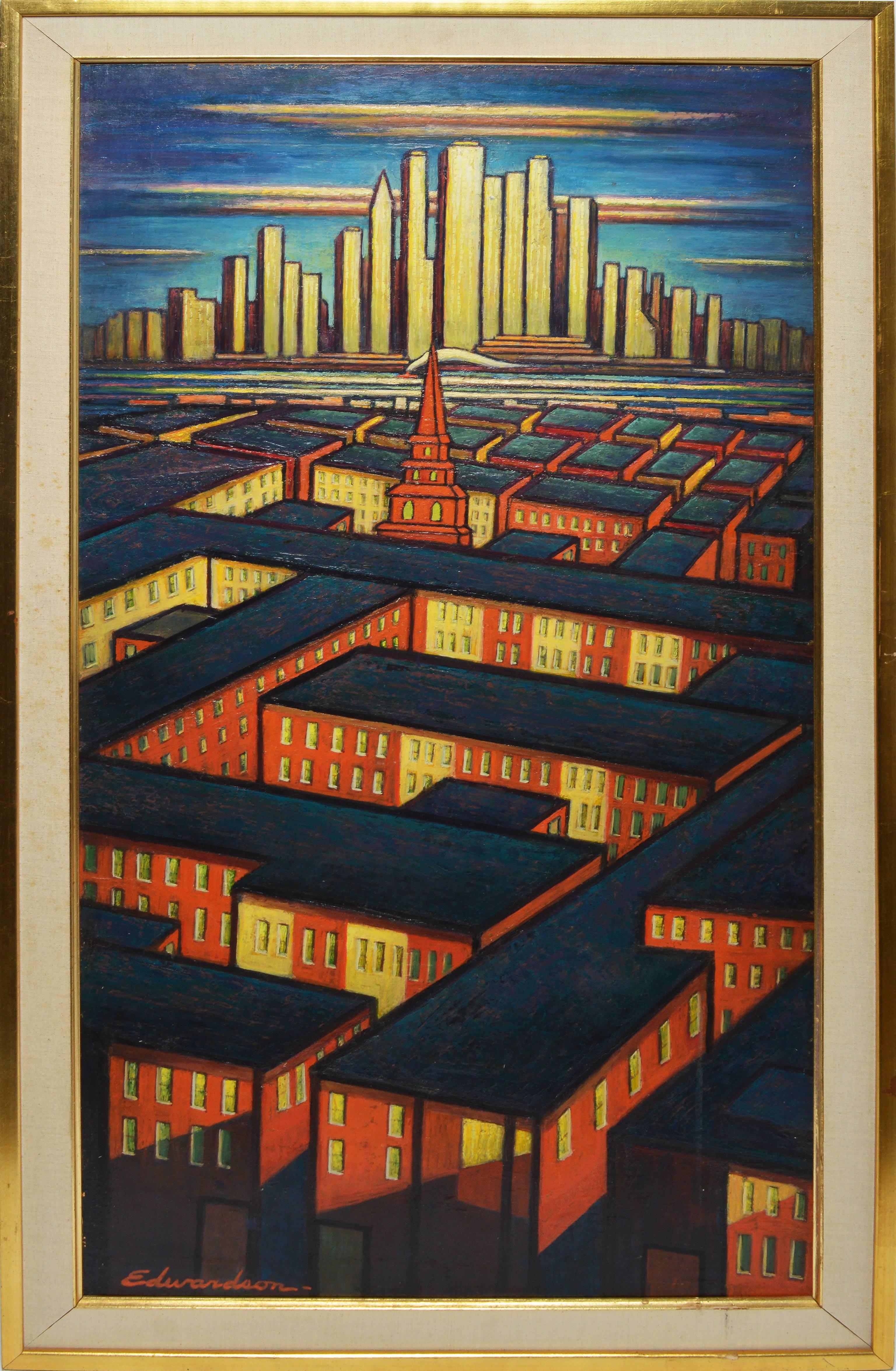 Modernist view of New York city by Laurence Edwardson  (1904 - 1995).  Oil on board, circa 1950.  Signed lower left, "Edwardson".  Displayed in a modernist frame.  Image size, 18"L x 36"H, overall 21.5"L x 39.5"H.



Laurence Christie Edwardson was