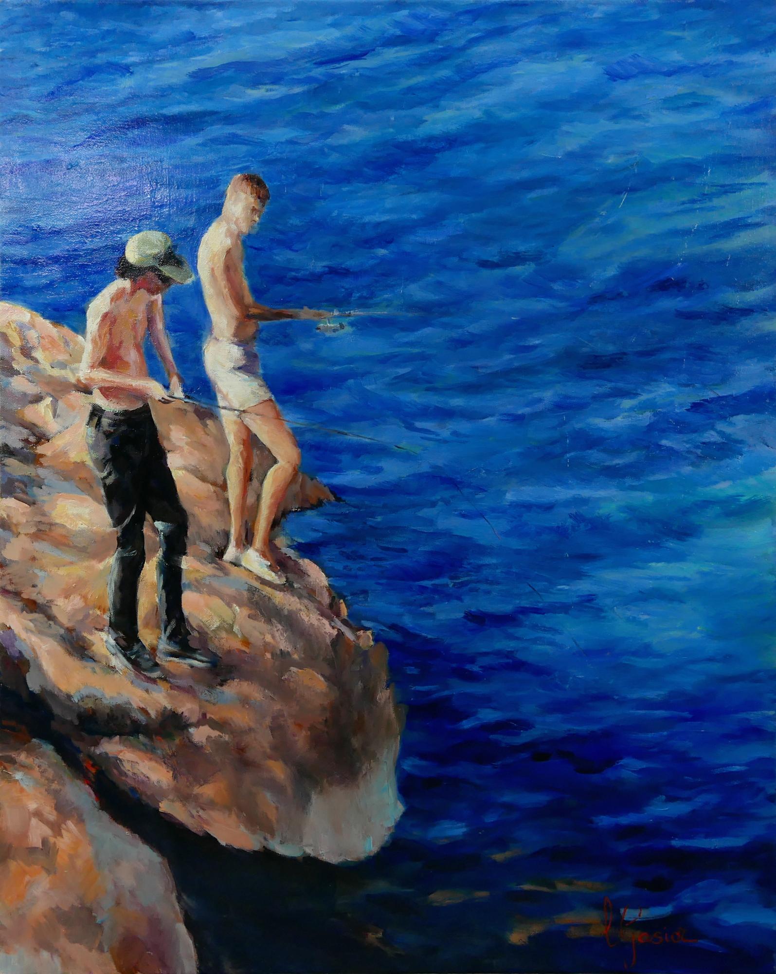 Laurence Gasior Figurative Painting - La pêche dans les calanques de Marseille