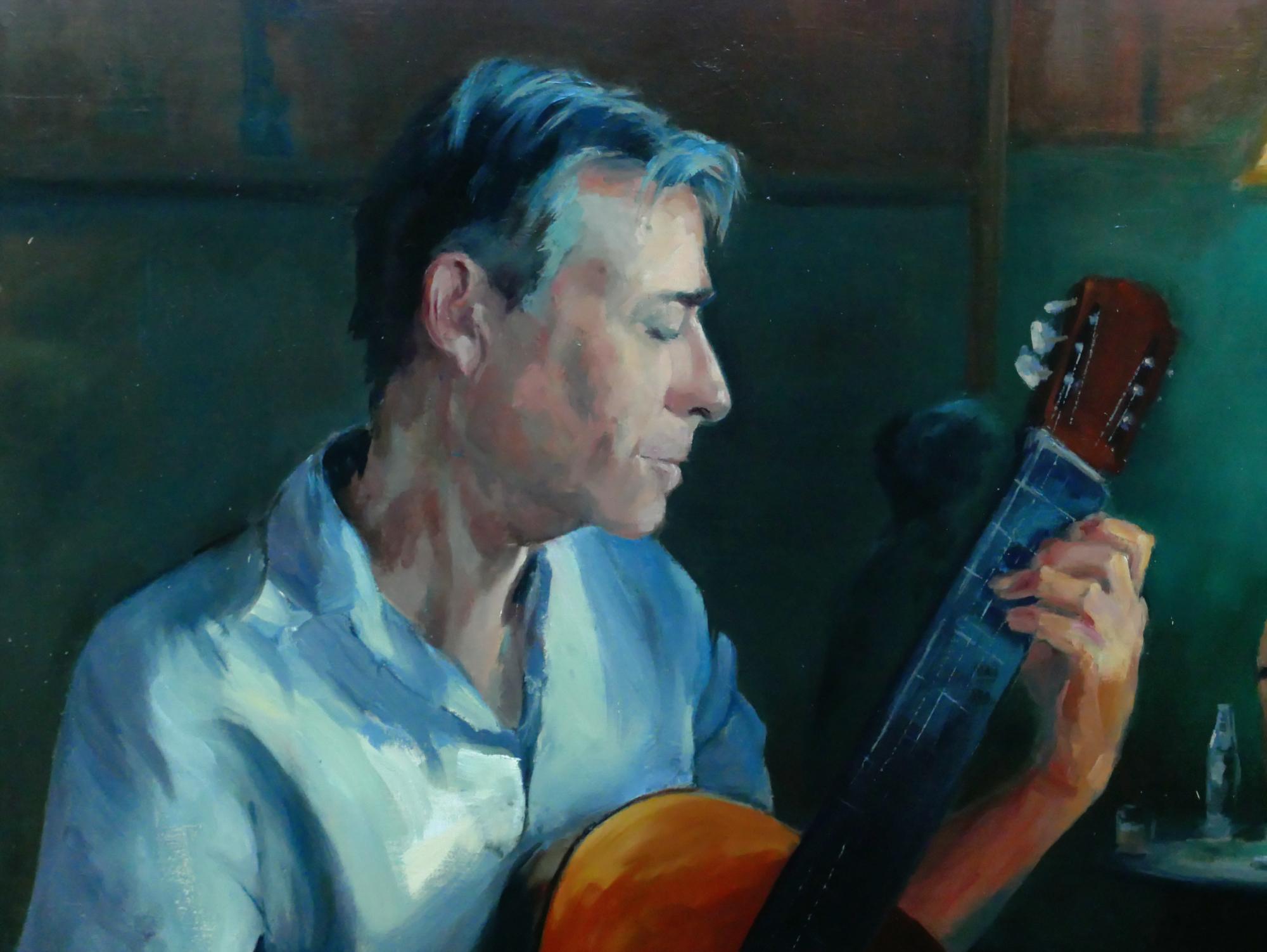 Der Gitarrist (Schwarz), Figurative Painting, von Laurence Gasior