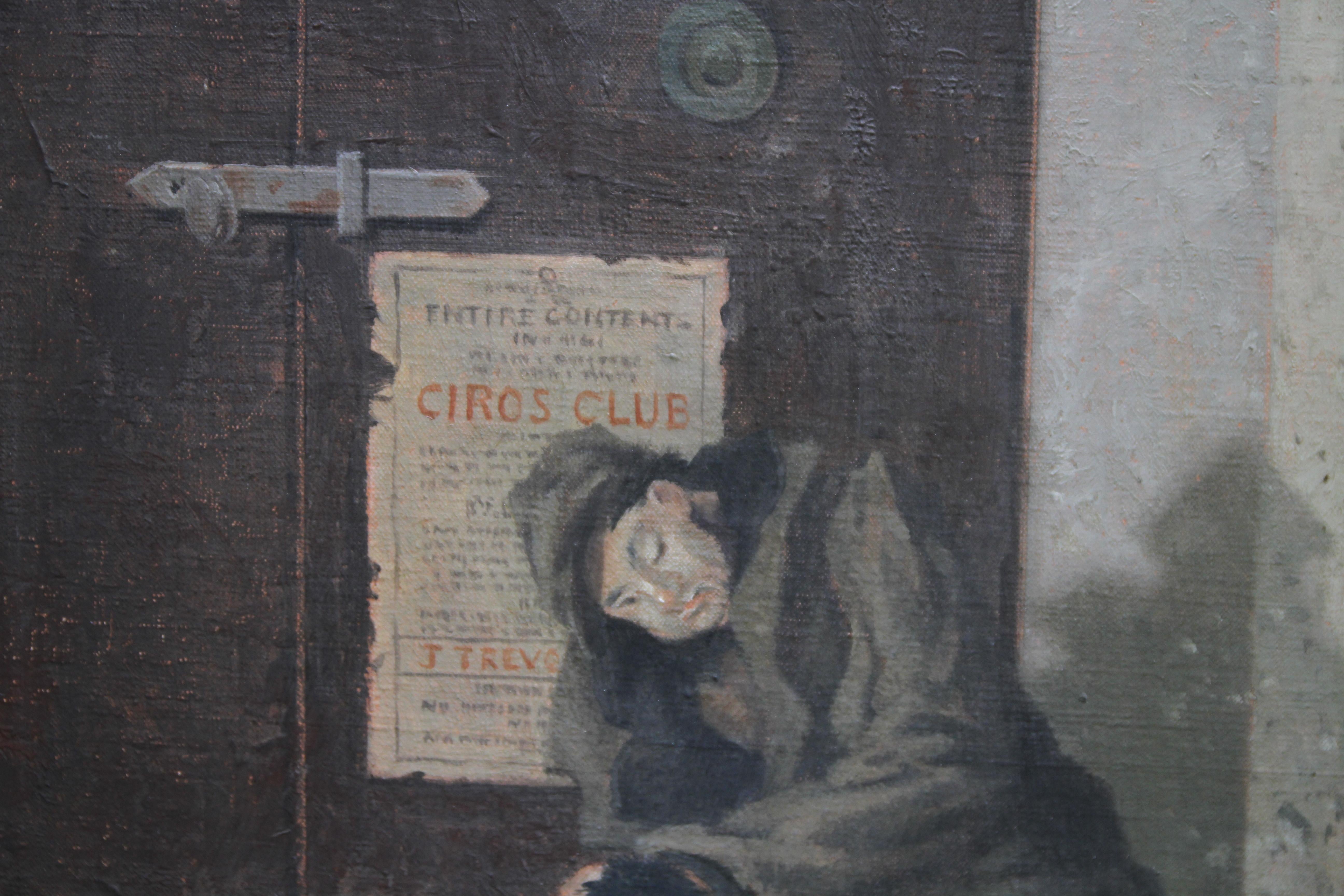 A visually stunning original oil on panel titled Ciros Life. It was painted circa 1953 by Laurence Henry Irving and depicts a man of little means outside a London theatre doorway. The painting is in good condition and housed in a hand coloured and