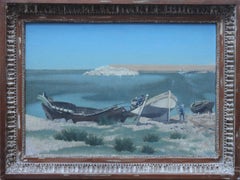 Coastal Landscape with Boats - British 1950's art marine seascape oil painting