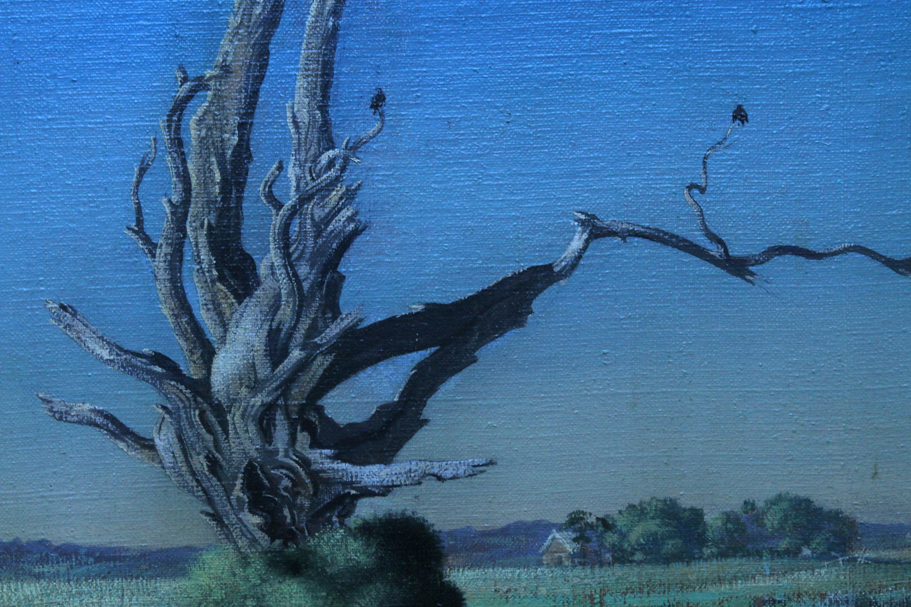 Elegy to a Dead Tree - Paysage du Kent - Peinture à l'huile d'art britannique des années 1950 - Bleu Landscape Painting par Laurence Henry Irving