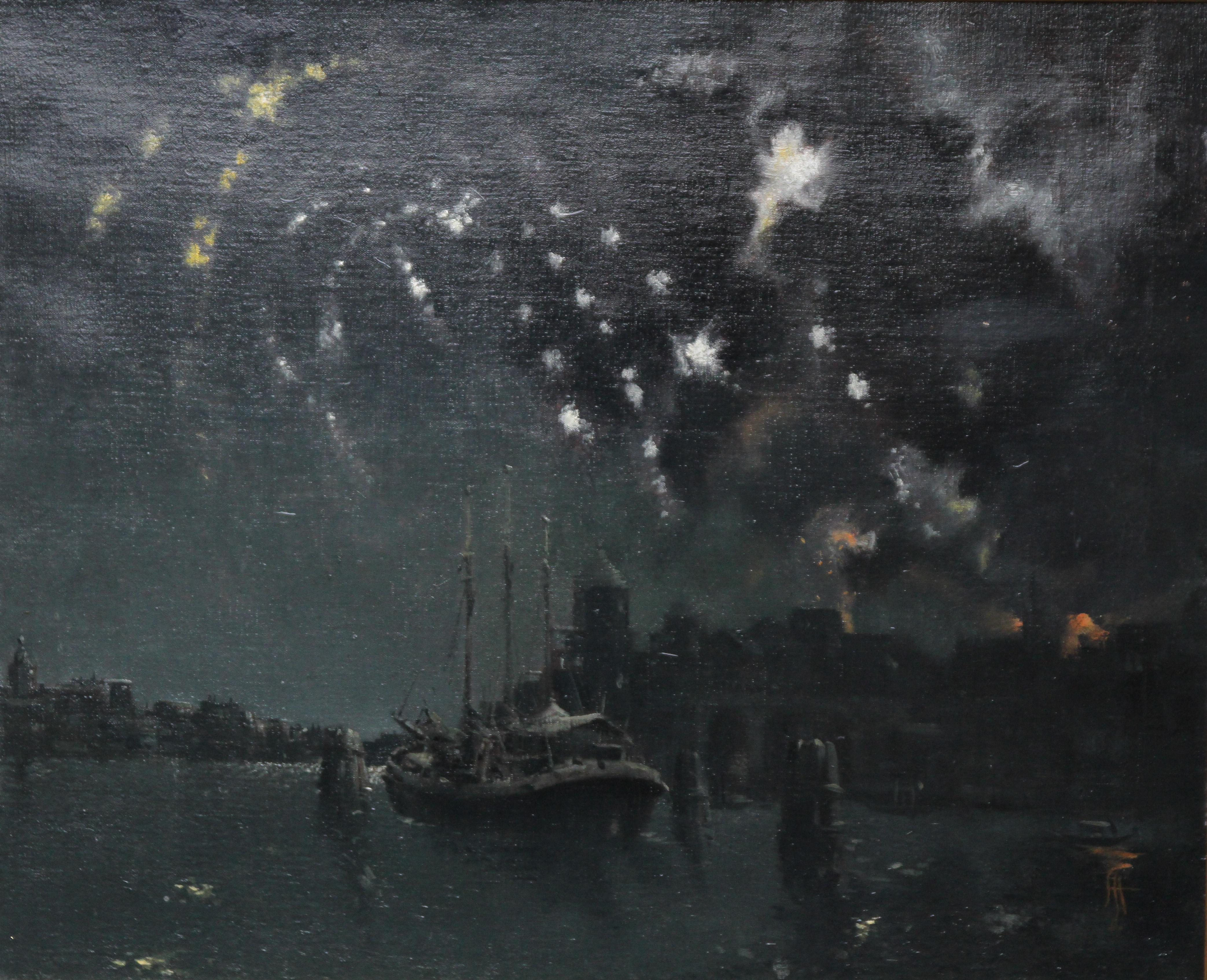 Fireworks on the Thames, London - British art river night landscape oil painting For Sale 3