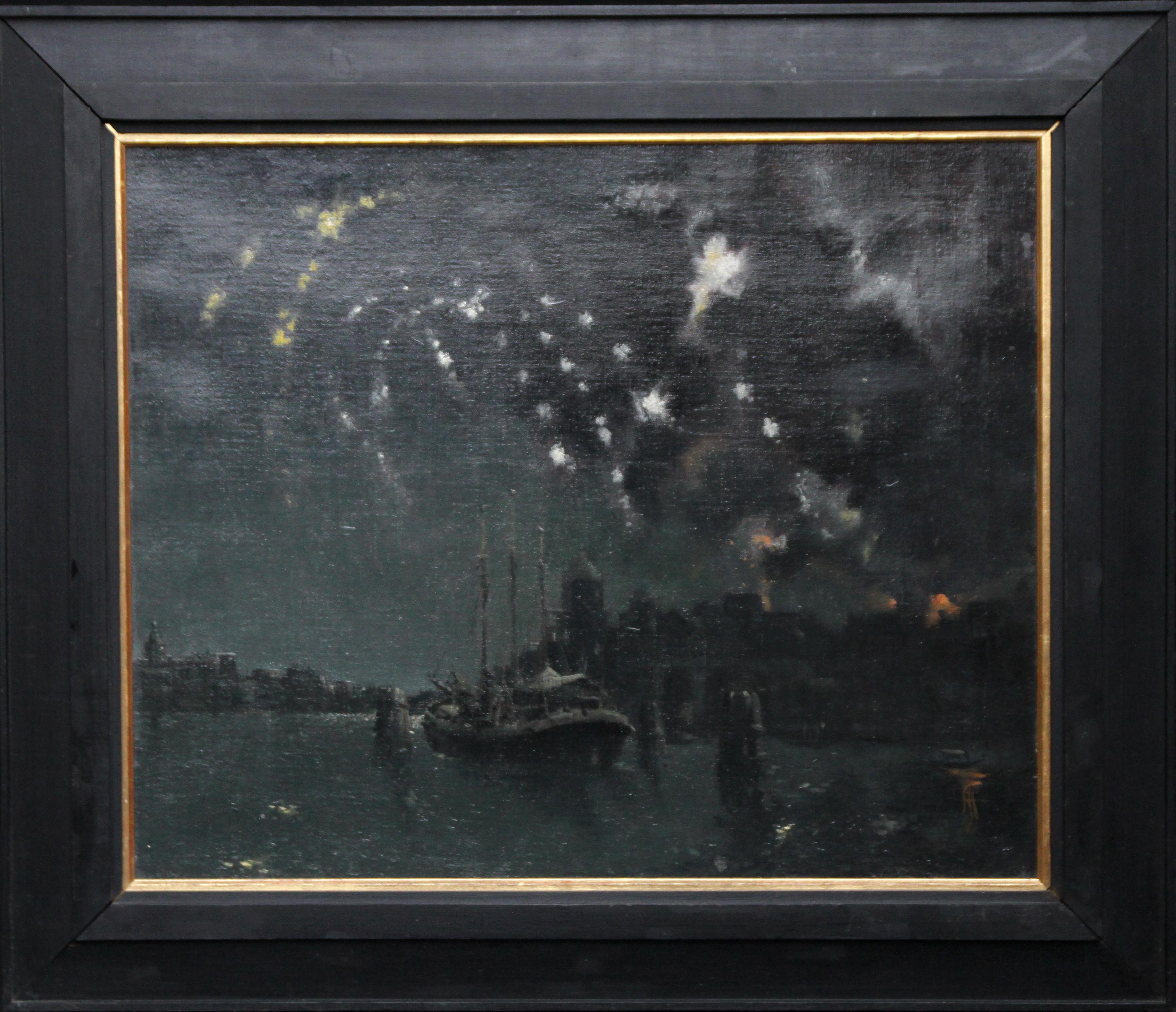 Fireworks on the Thames, London - British art river night landscape oil painting For Sale 4